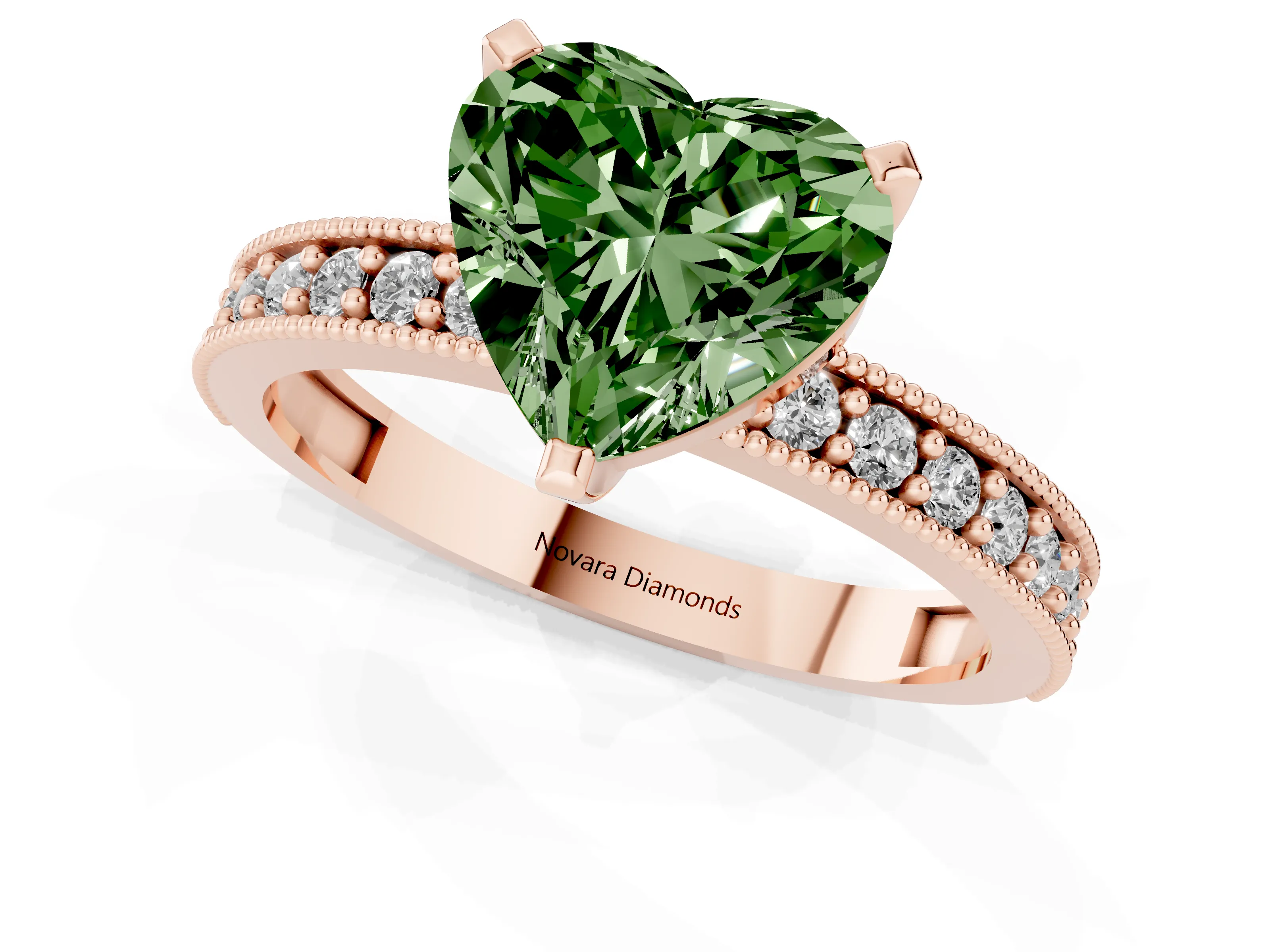 Fancy Green Heart Cut Diamond Milgrain Pavé Engagement Ring Set in Rose gold with Prong Setting