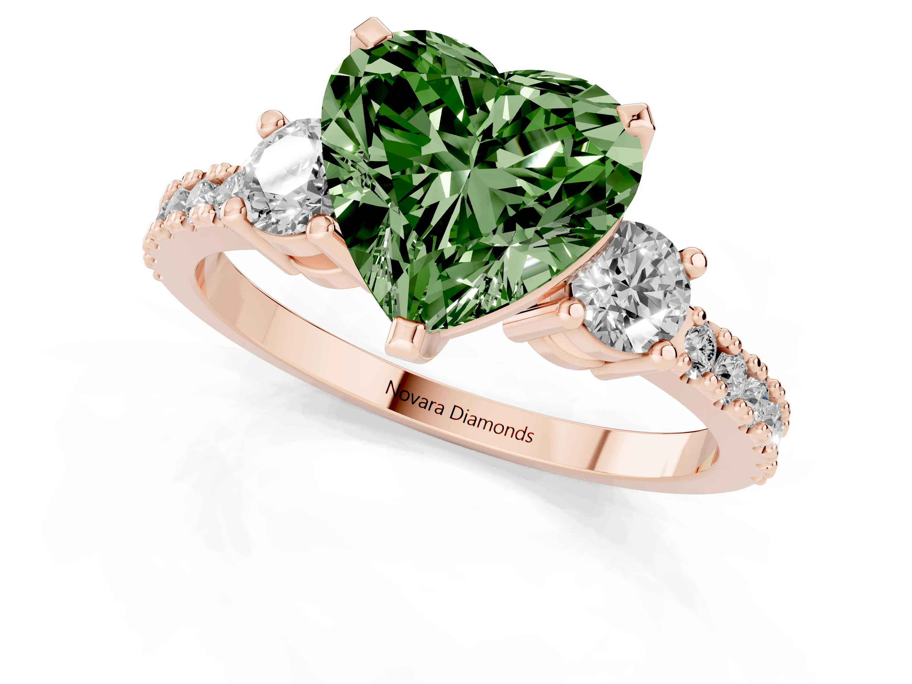 Fancy Green Three-Stone Heart Cut Diamond Pavé Band Ring Set in Rose gold with Prong Setting