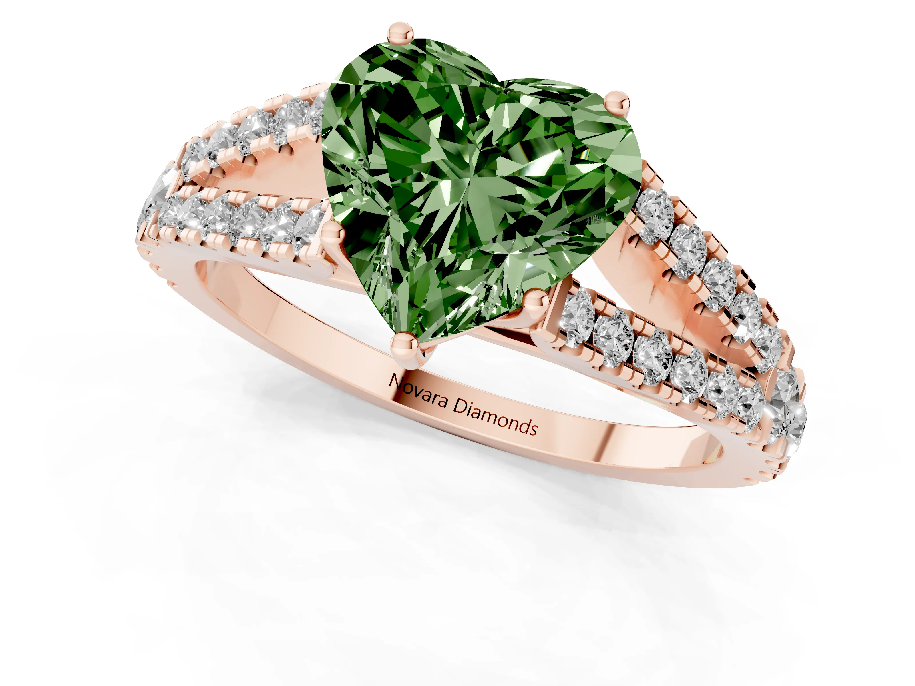 Fancy Green Heart Cut Diamond Split Shank Pavé Engagement Ring Set in Rose gold with Prong-Held Center Stone
