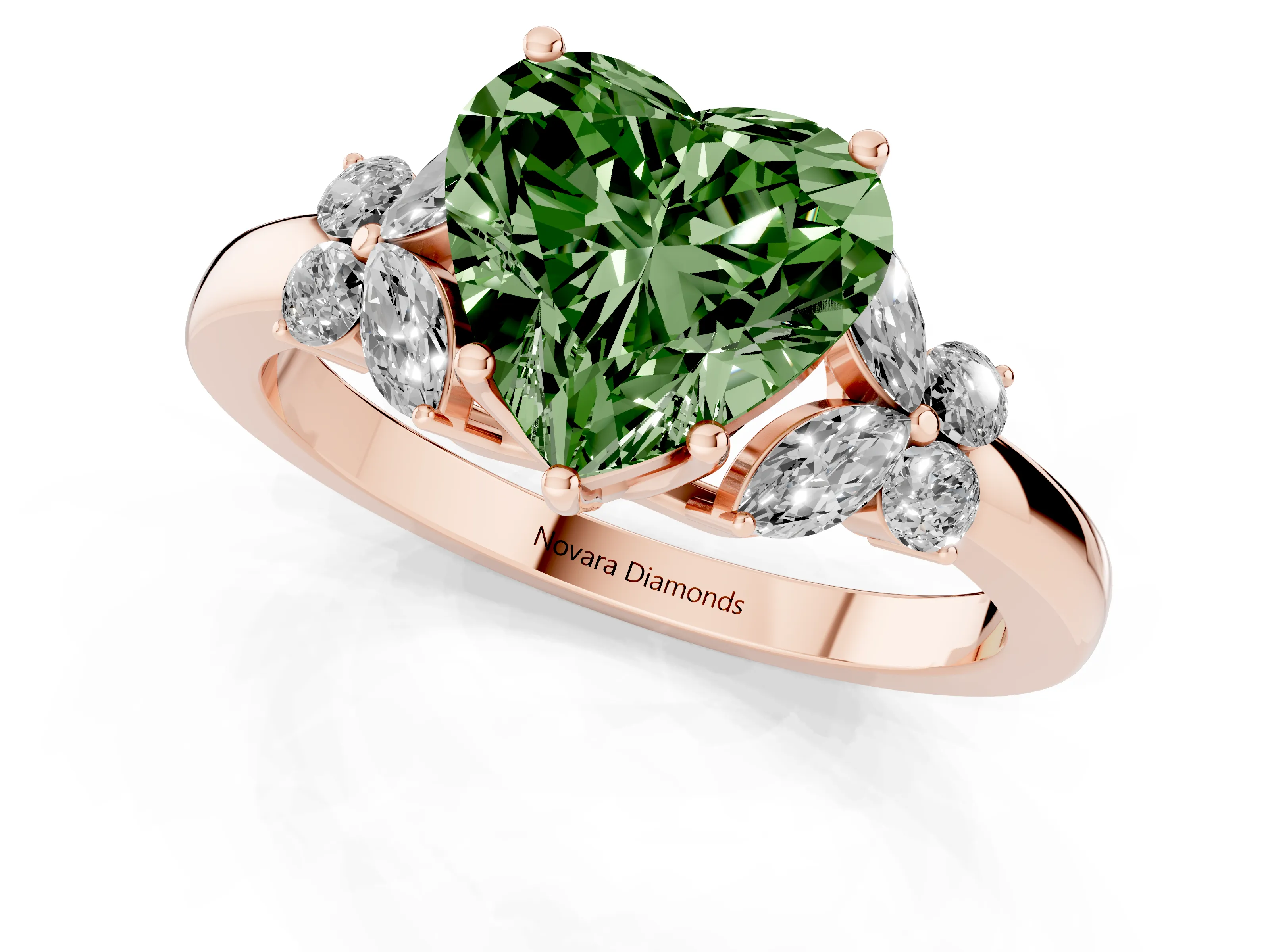 Fancy Green Heart Cut Diamond Solitaire Floral Ring Set in Rose gold with Marquise Petals and Prong Setting