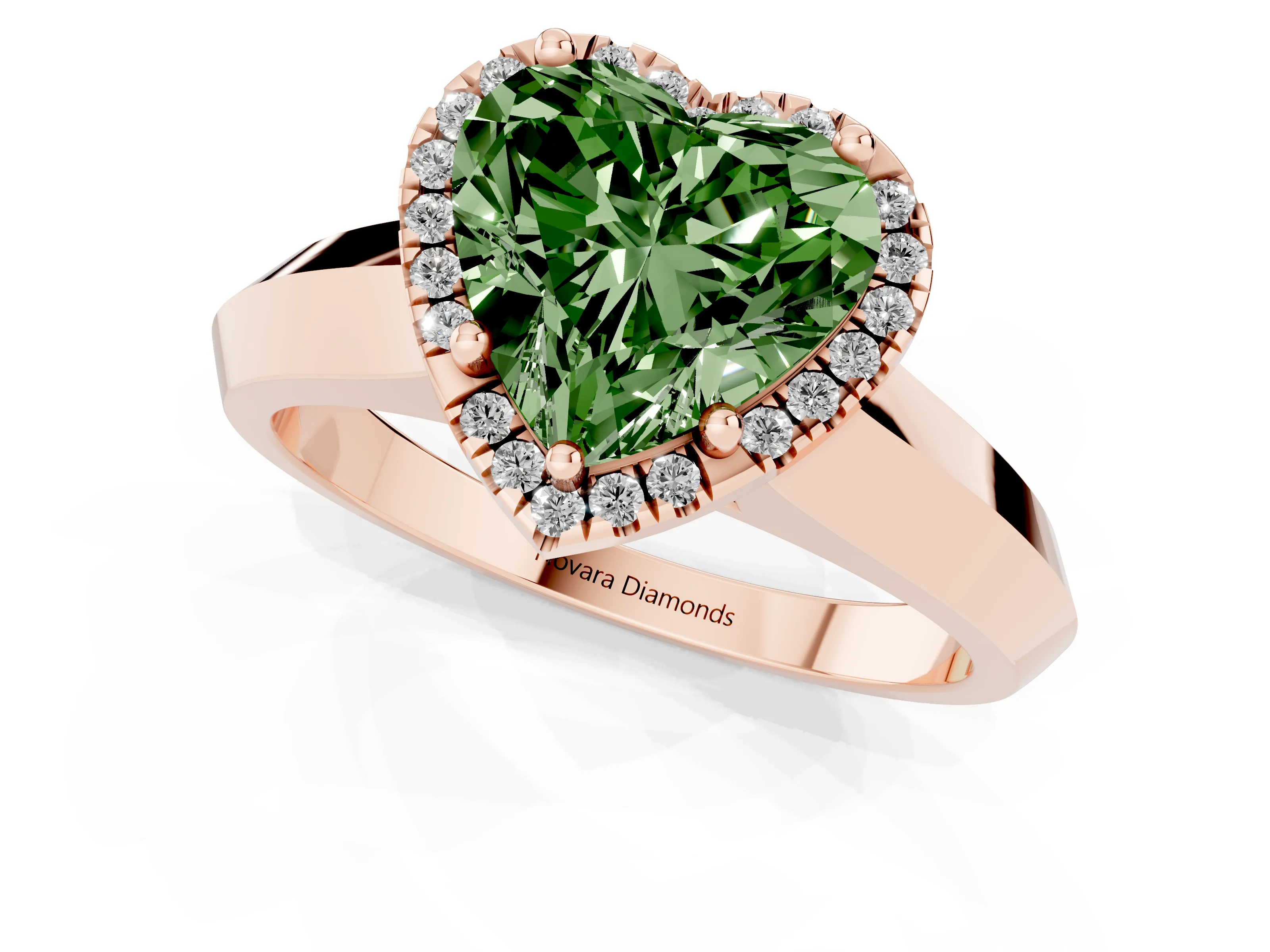 Fancy Green Heart Cut Diamond Halo Ring Set in Rose gold with Cathedral Band and Prong Setting