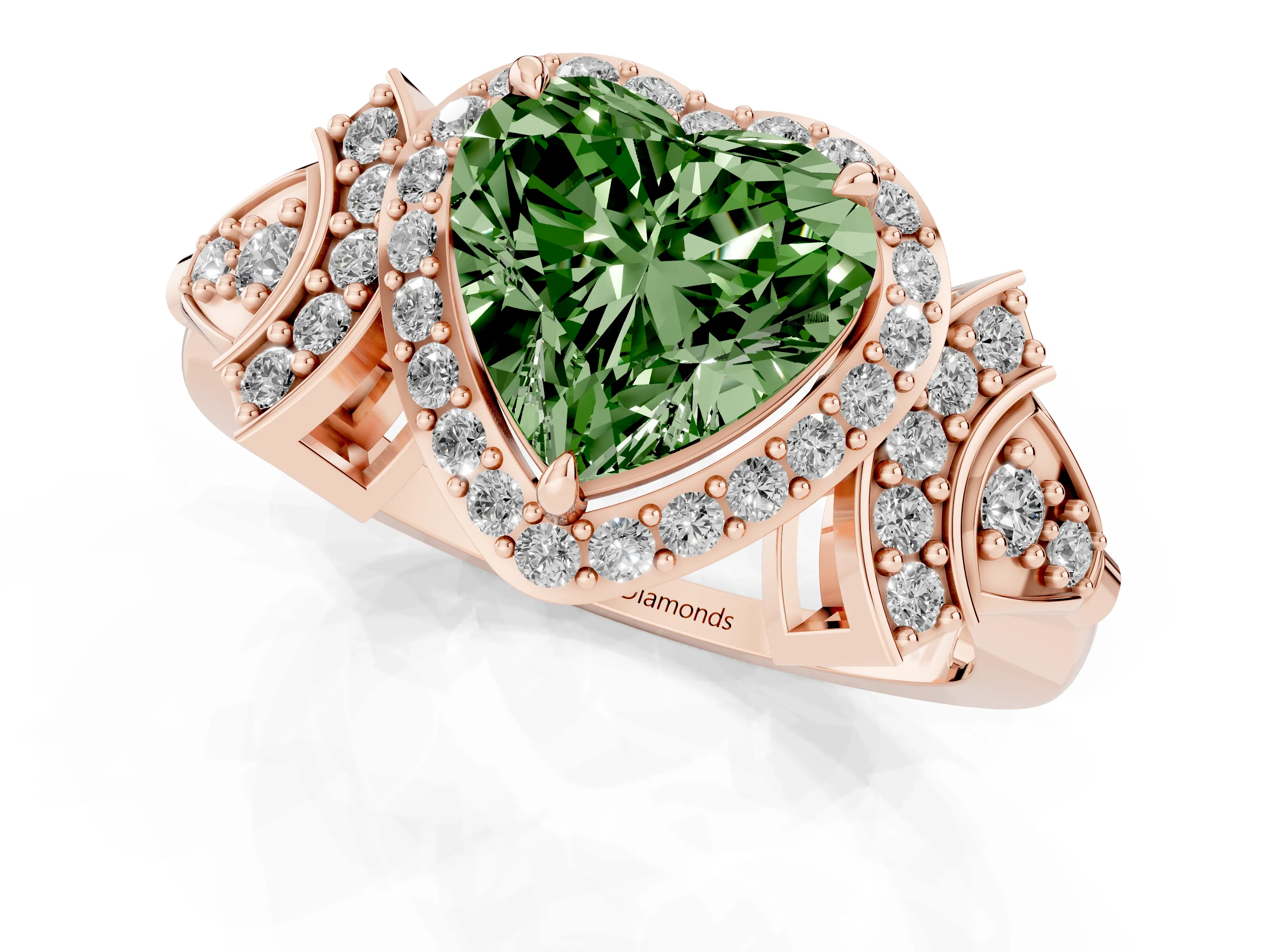 Fancy Green Heart Cut Diamond Halo Engagement Ring Set in Rose gold with Accent Stone Split Shank