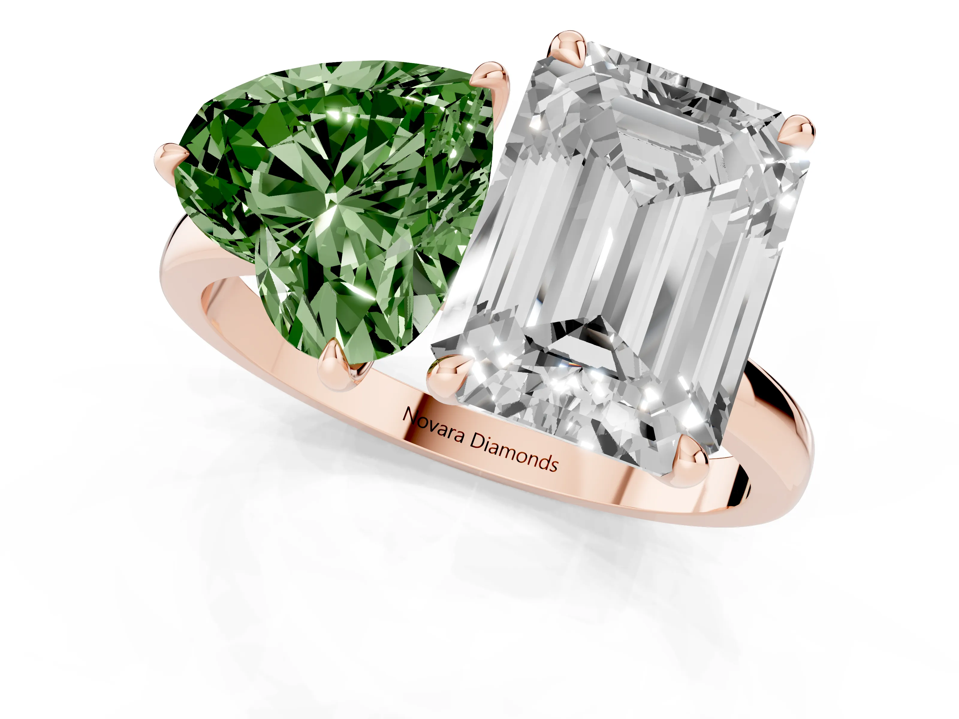 Fancy Green Heart Cut and Emerald Cut Toi Moi Ring Set in Rose gold with Prong Setting