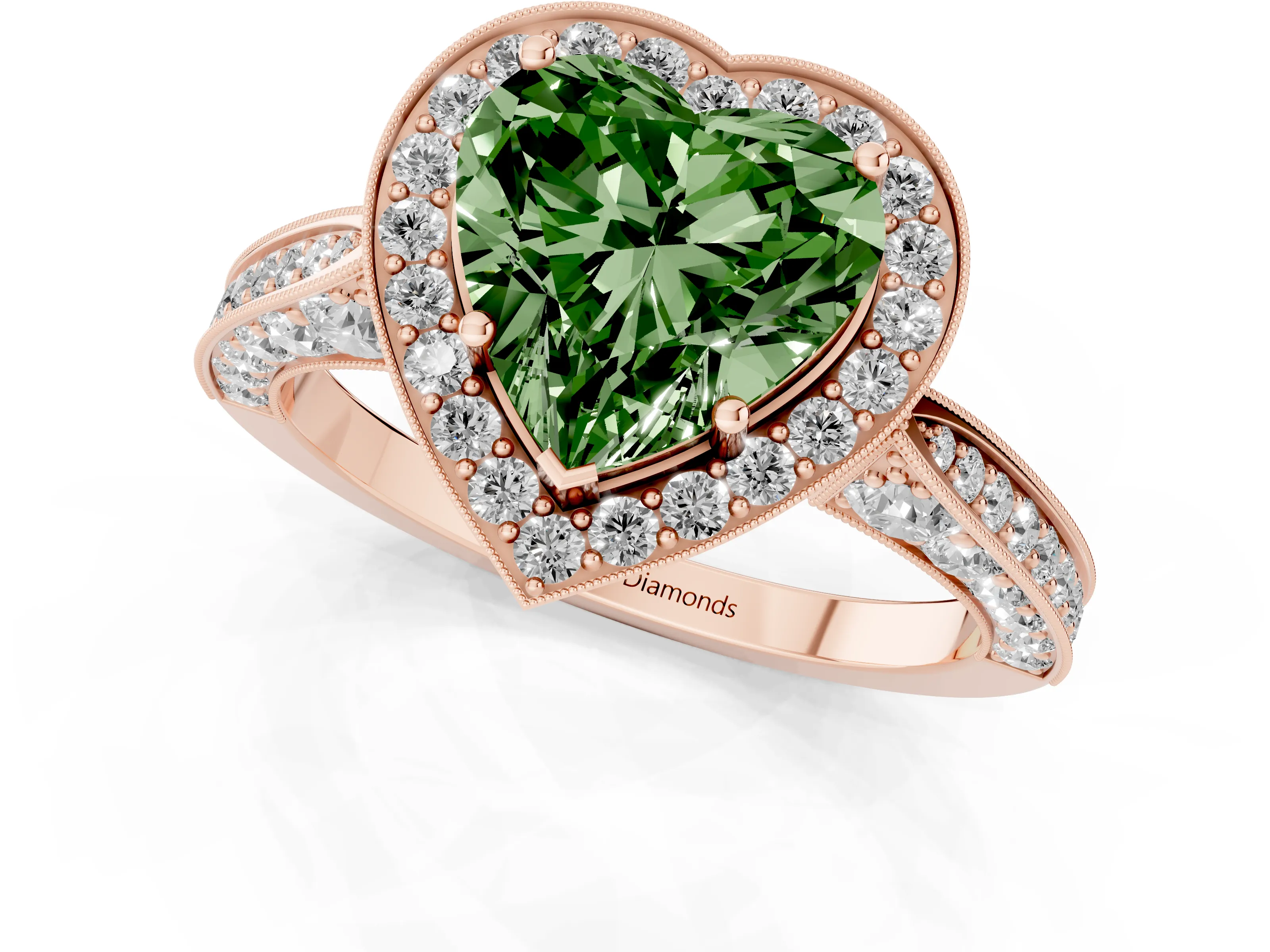 Fancy Green Heart Cut Diamond Halo Engagement Ring Set in Rose gold with Accent Split Shank Band