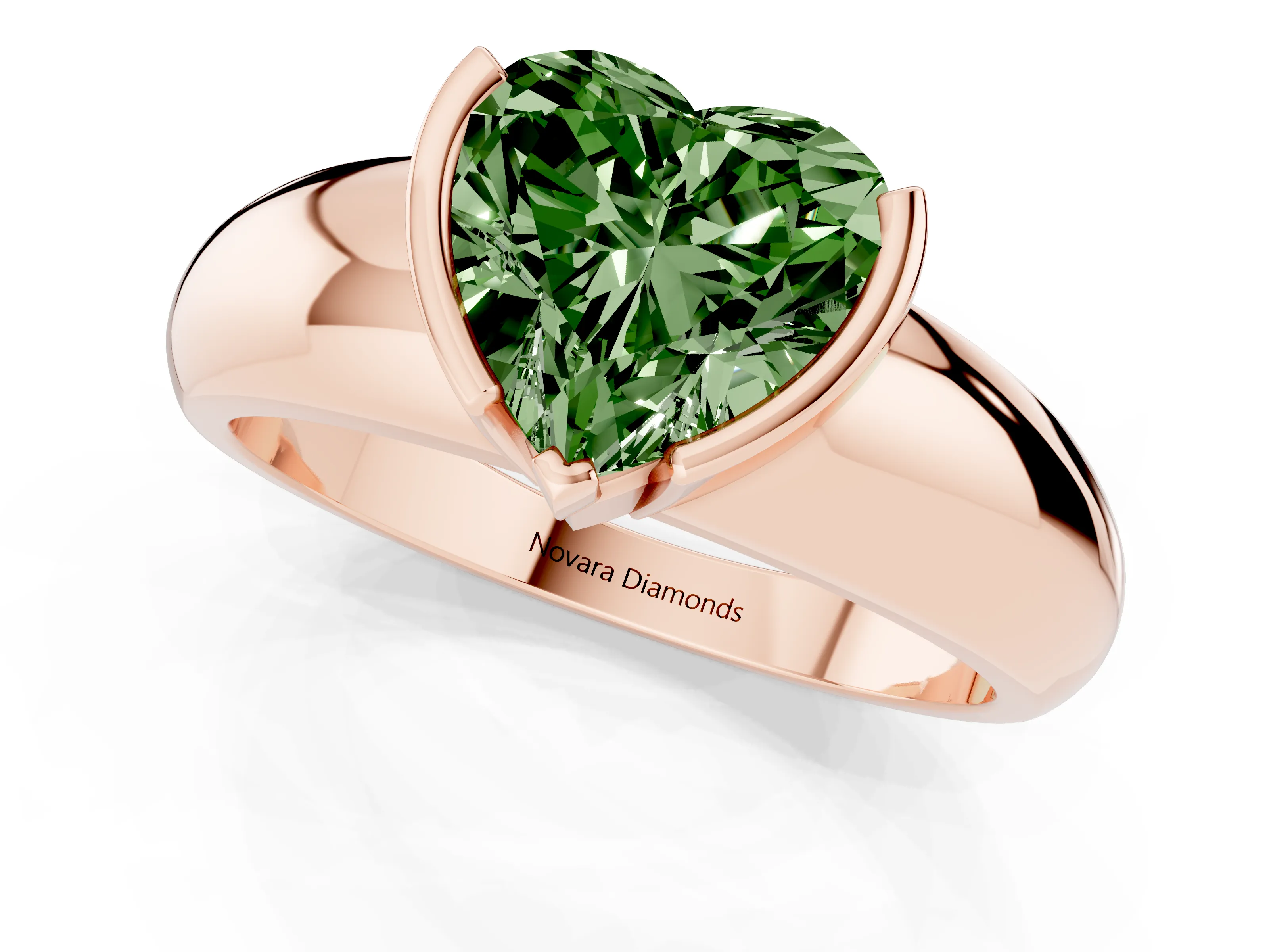 Fancy Green Heart Cut Diamond Solitaire Tension Set Ring Set in Rose gold with Wide Band