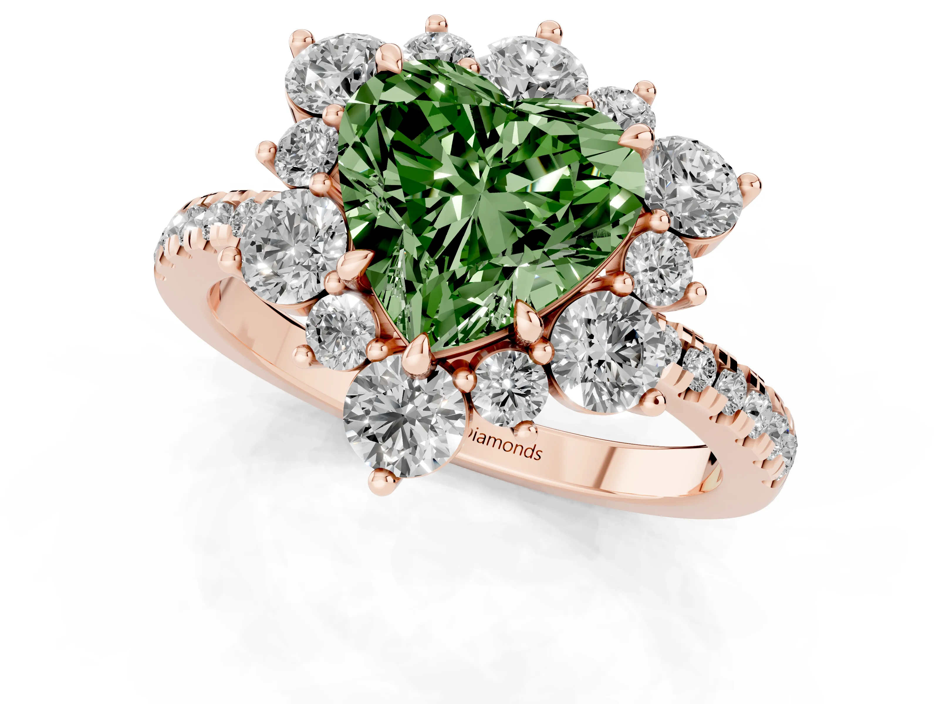 Fancy Green Heart Cut Diamond Floral Halo Ring Set in Rose gold with Round Pavé Band and Prong Setting
