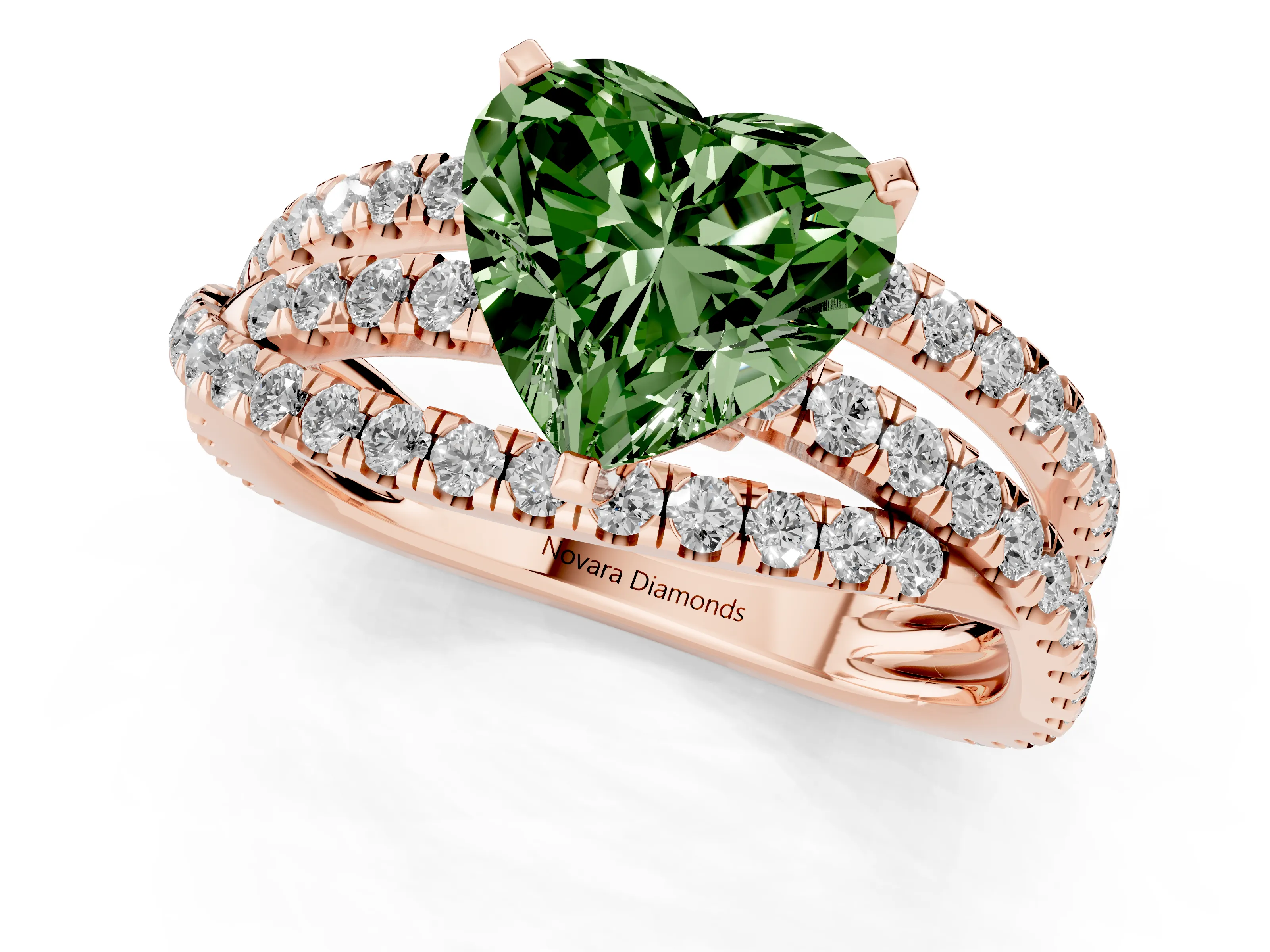 Fancy Green Heart Cut Diamond Solitaire Twist Band Ring Set in Rose gold with Pavé Setting and Prong Head