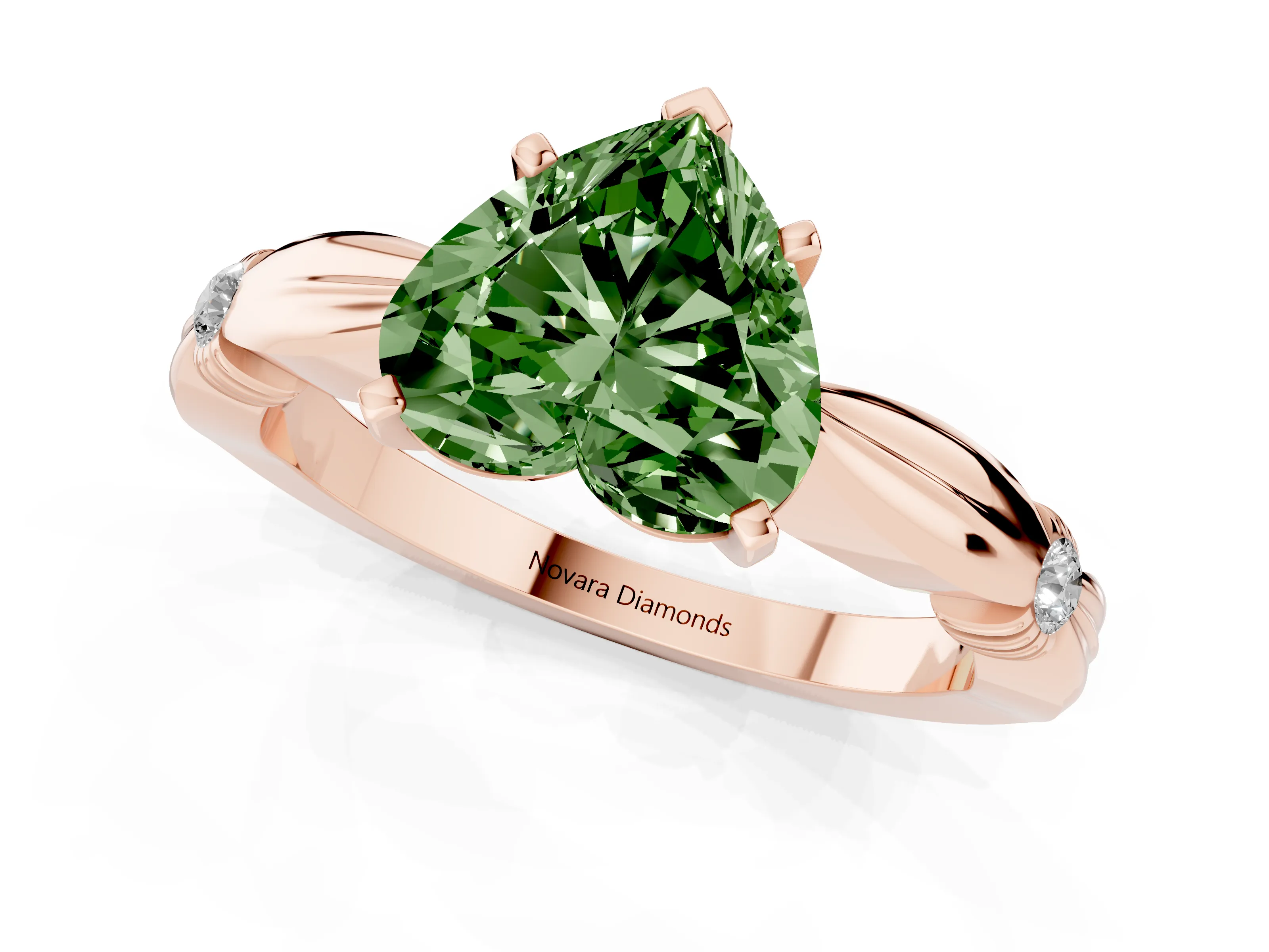 Fancy Green Heart Cut Diamond Solitaire Twisted Band Ring Set in Rose gold with Accent Stones and Prong Setting