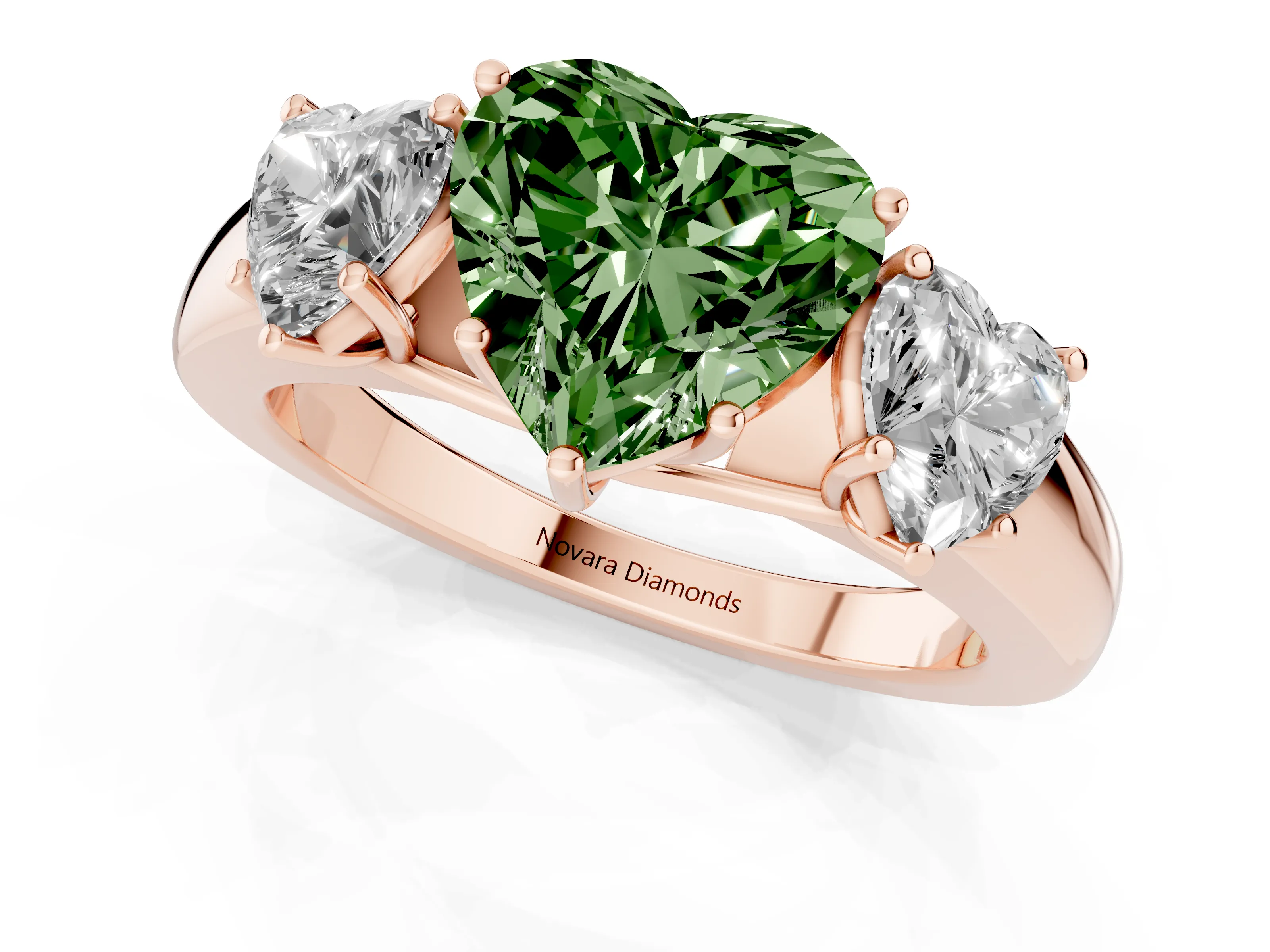 Fancy Green Three-Stone Heart Cut Diamond Ring Set in Rose gold with Matching Prong Settings and Plain Band