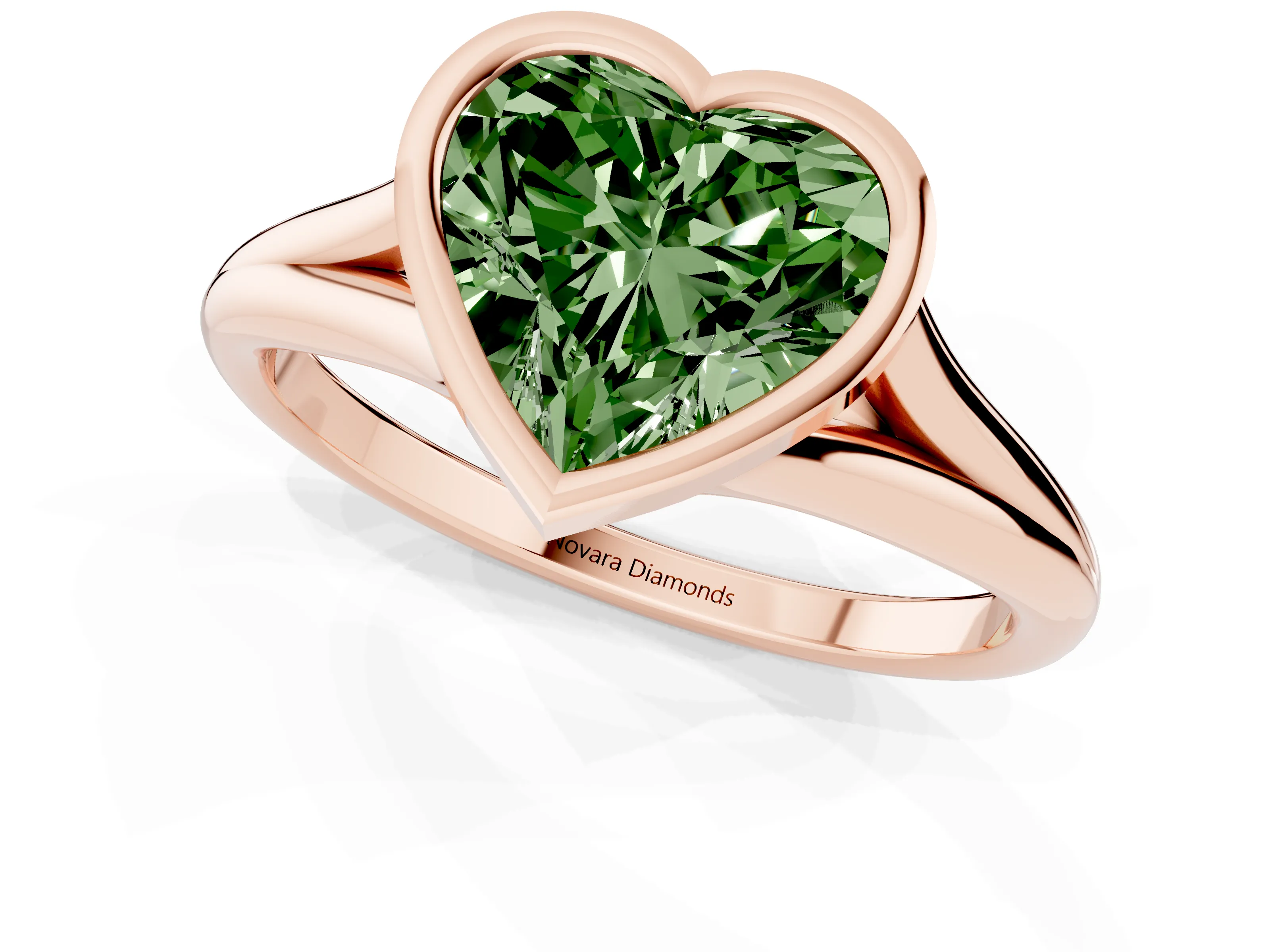 Fancy Green Bezel Set Heart Cut Diamond Solitaire Ring Set in Rose gold with Tapered Band