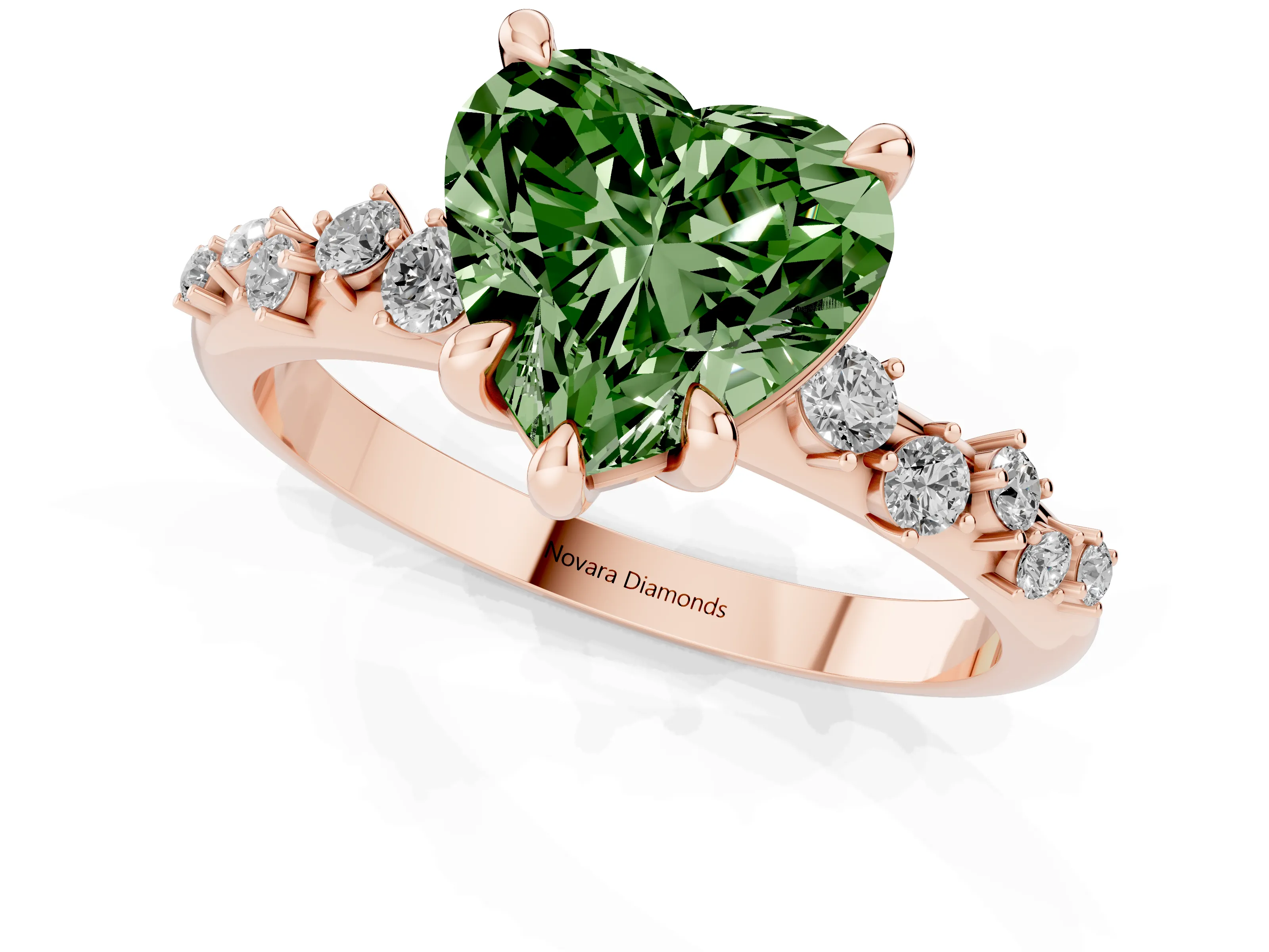 Fancy Green Heart Cut Diamond Solitaire Vine Band Ring Set in Rose gold with Round Accents and Prong Setting – second view