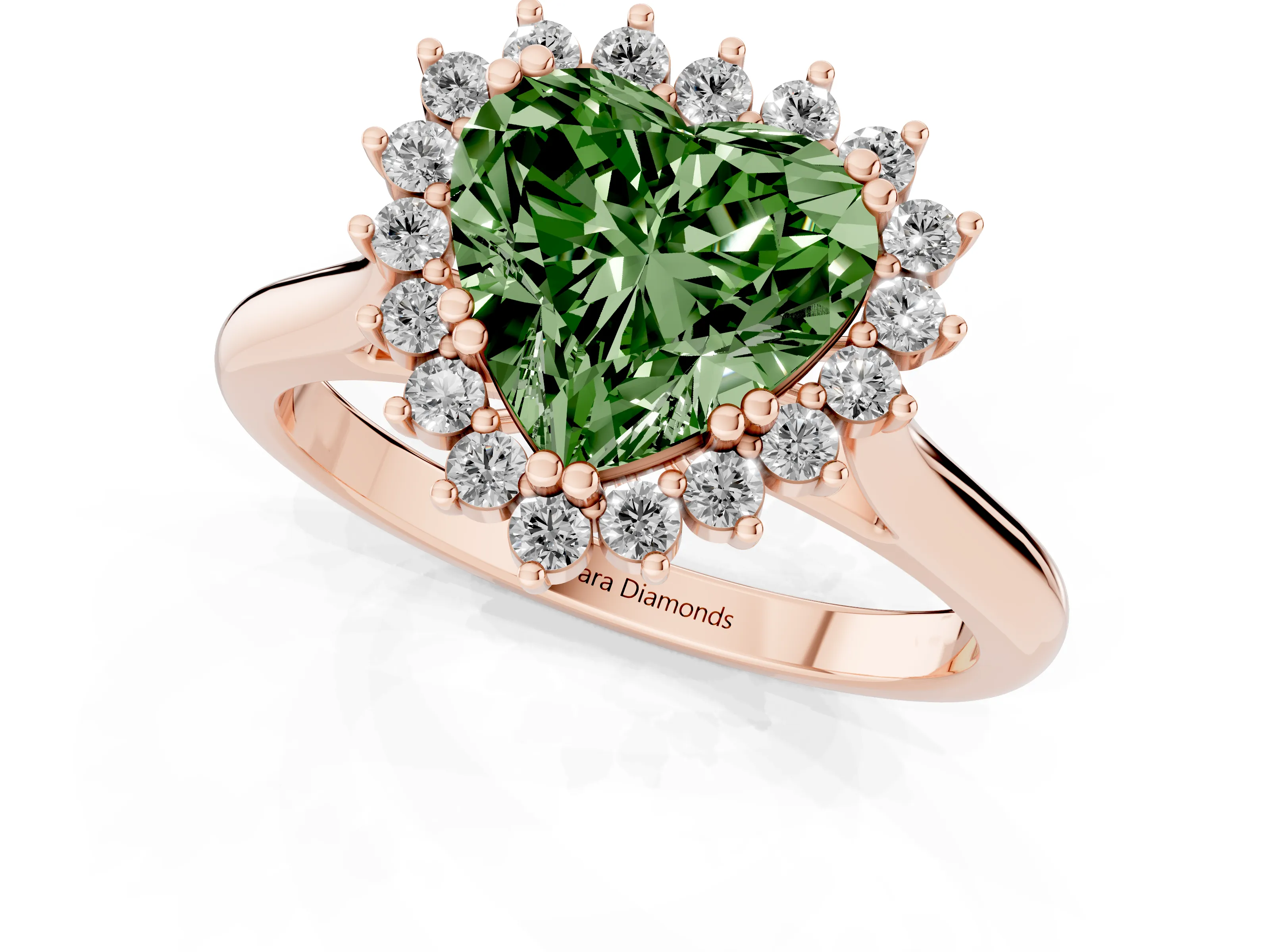 Fancy Green Heart Cut Diamond Halo Ring Set in Rose gold with Plain Solitaire Band and Prong Setting