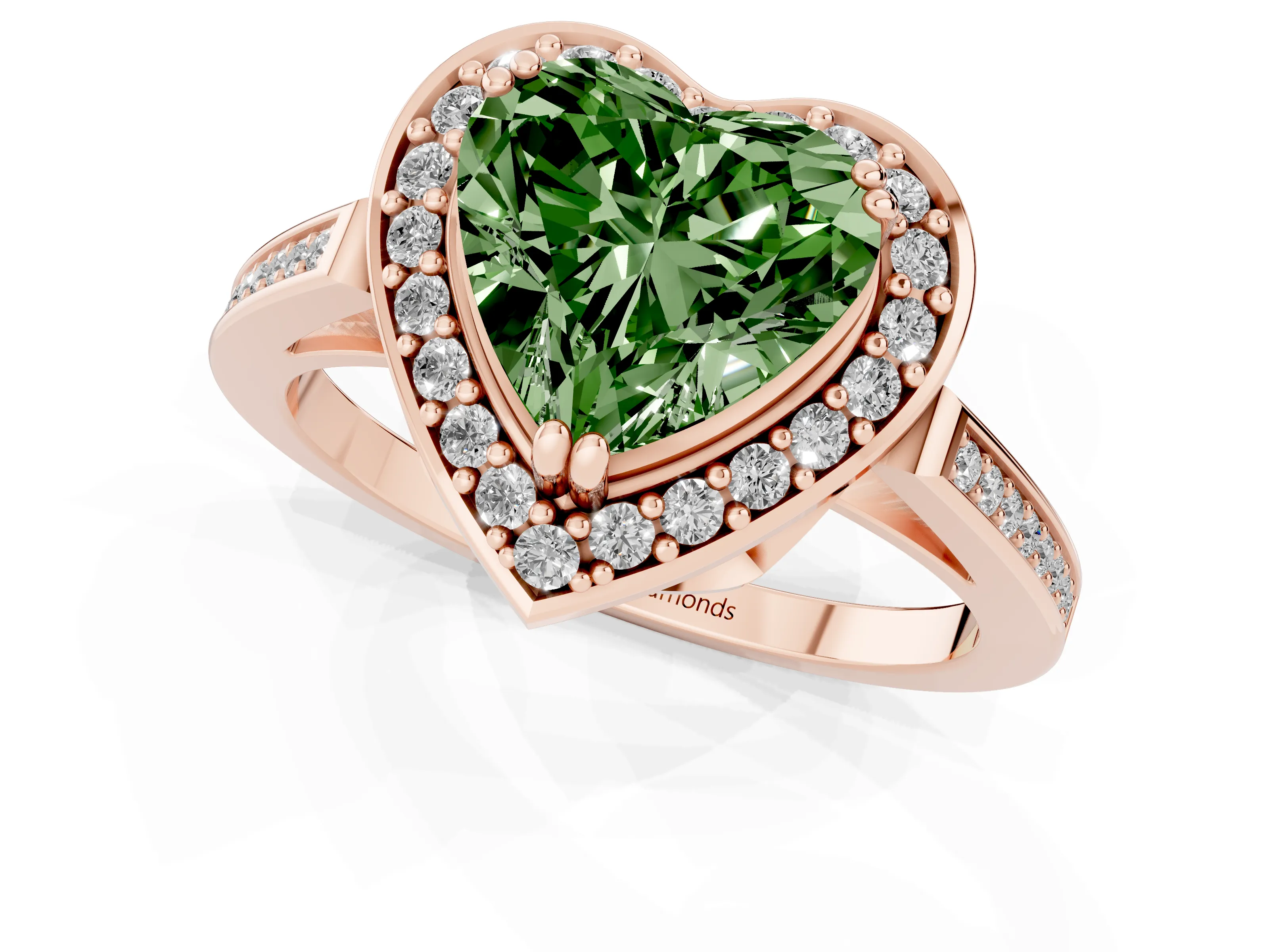 Fancy Green Heart Cut Diamond Halo Ring Set in Rose gold with Accent-Lined Split Shank and Prong Setting