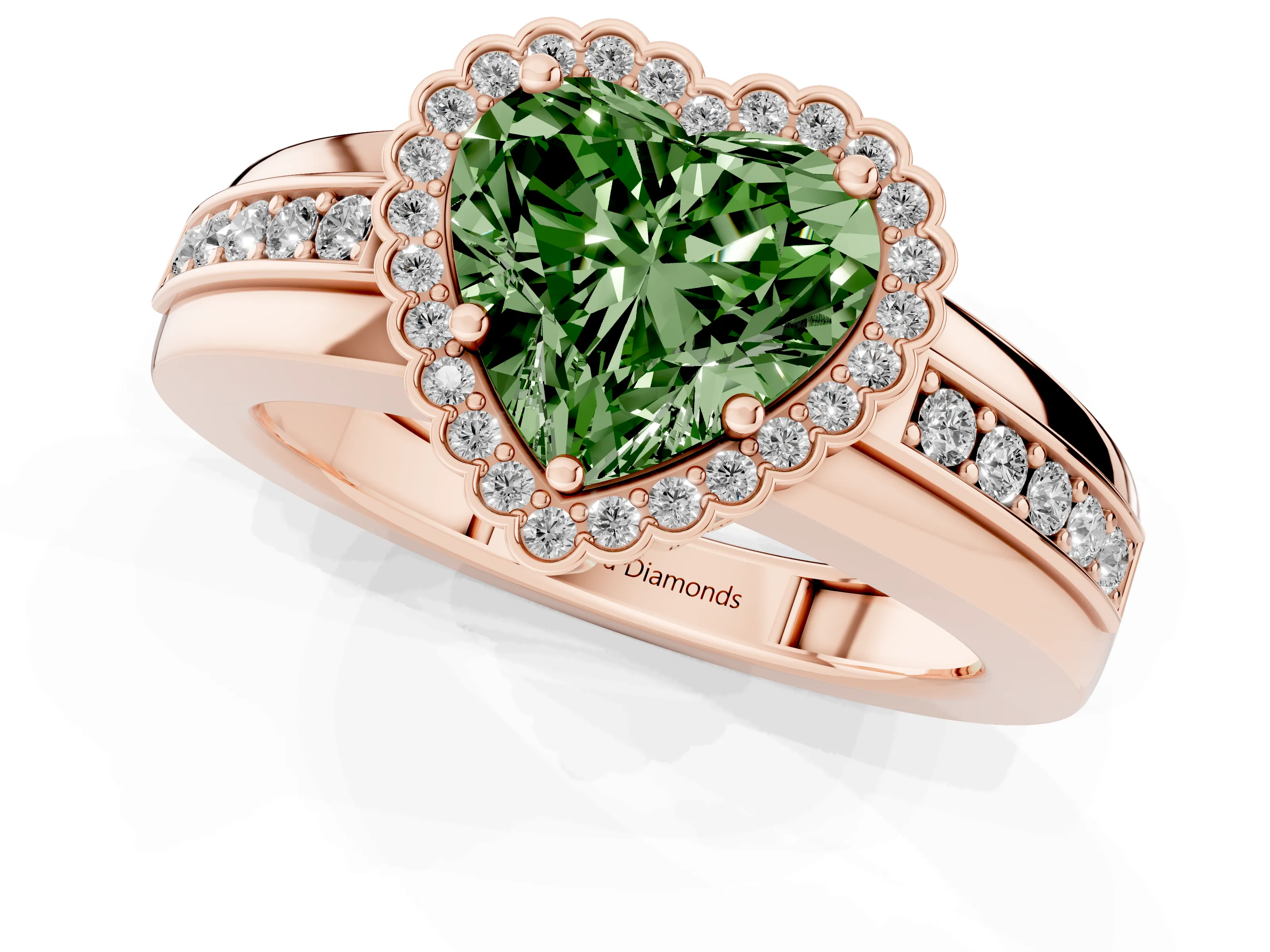 Fancy Green Heart Cut Diamond Halo Prong Ring Set in Rose gold with Pavé Band