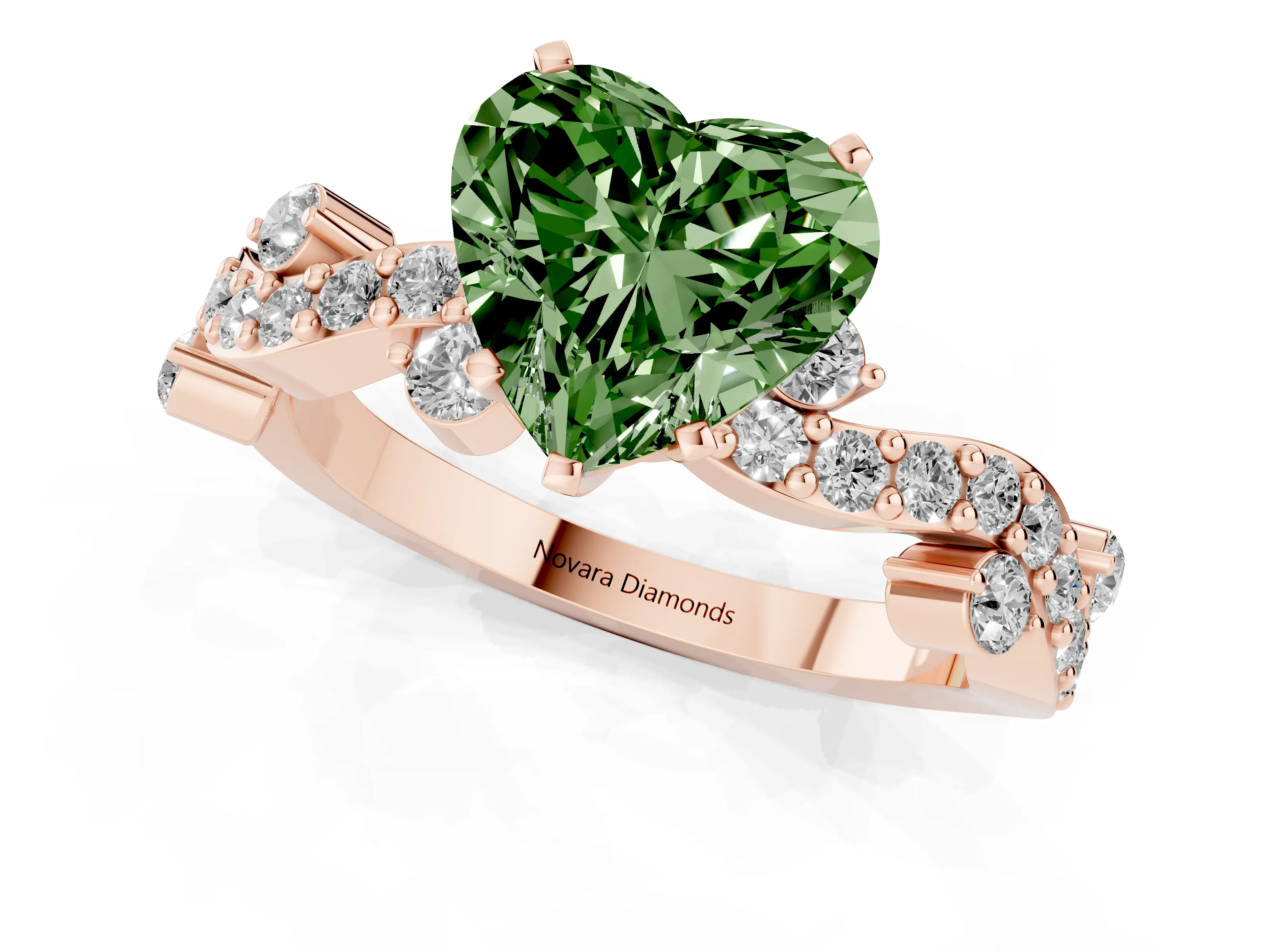 Fancy Green Heart Cut Diamond Solitaire Twisted Band Set in Rose gold with Pavé Setting