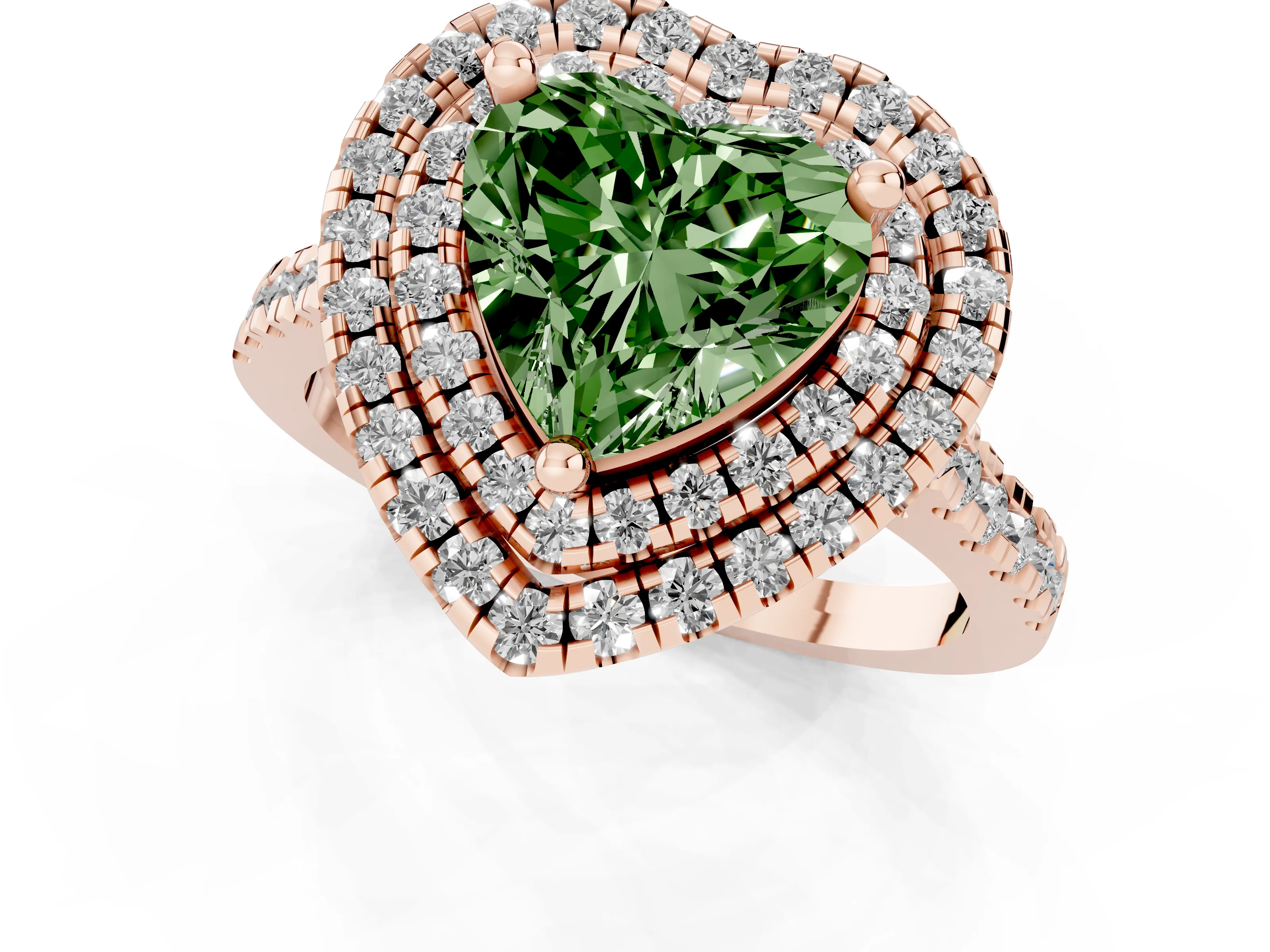 Fancy Green Heart Cut Diamond Double Halo Statement Ring Set in Rose gold with Pavé Band