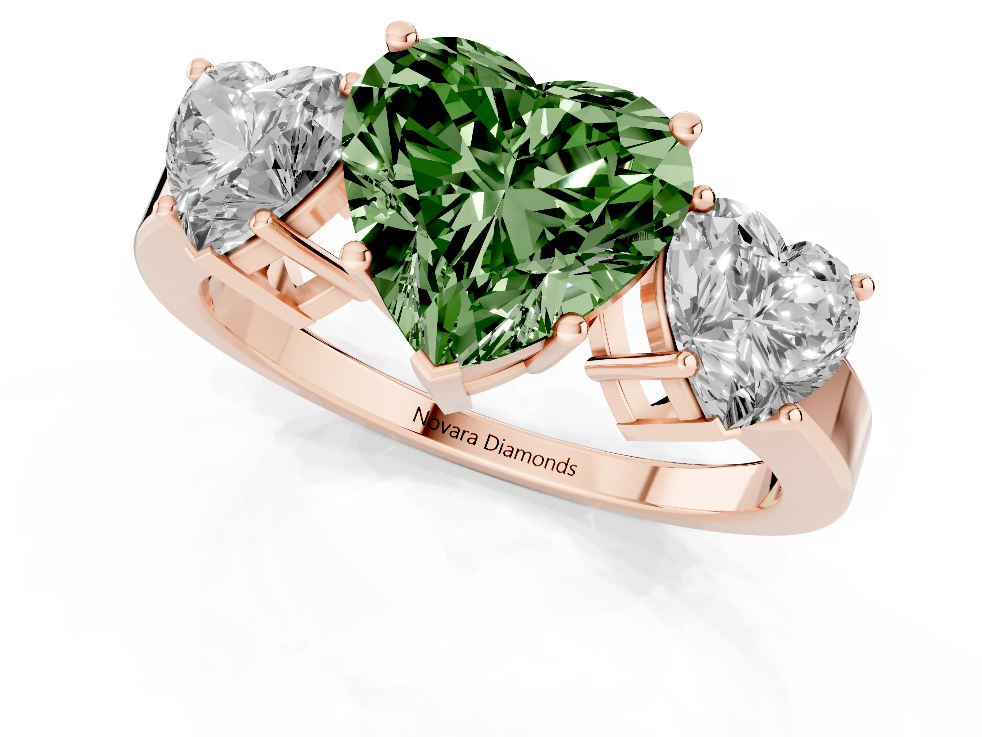 Fancy Green Heart Cut Diamond Three-Stone Engagement Ring Set in Rose gold with Flat Band