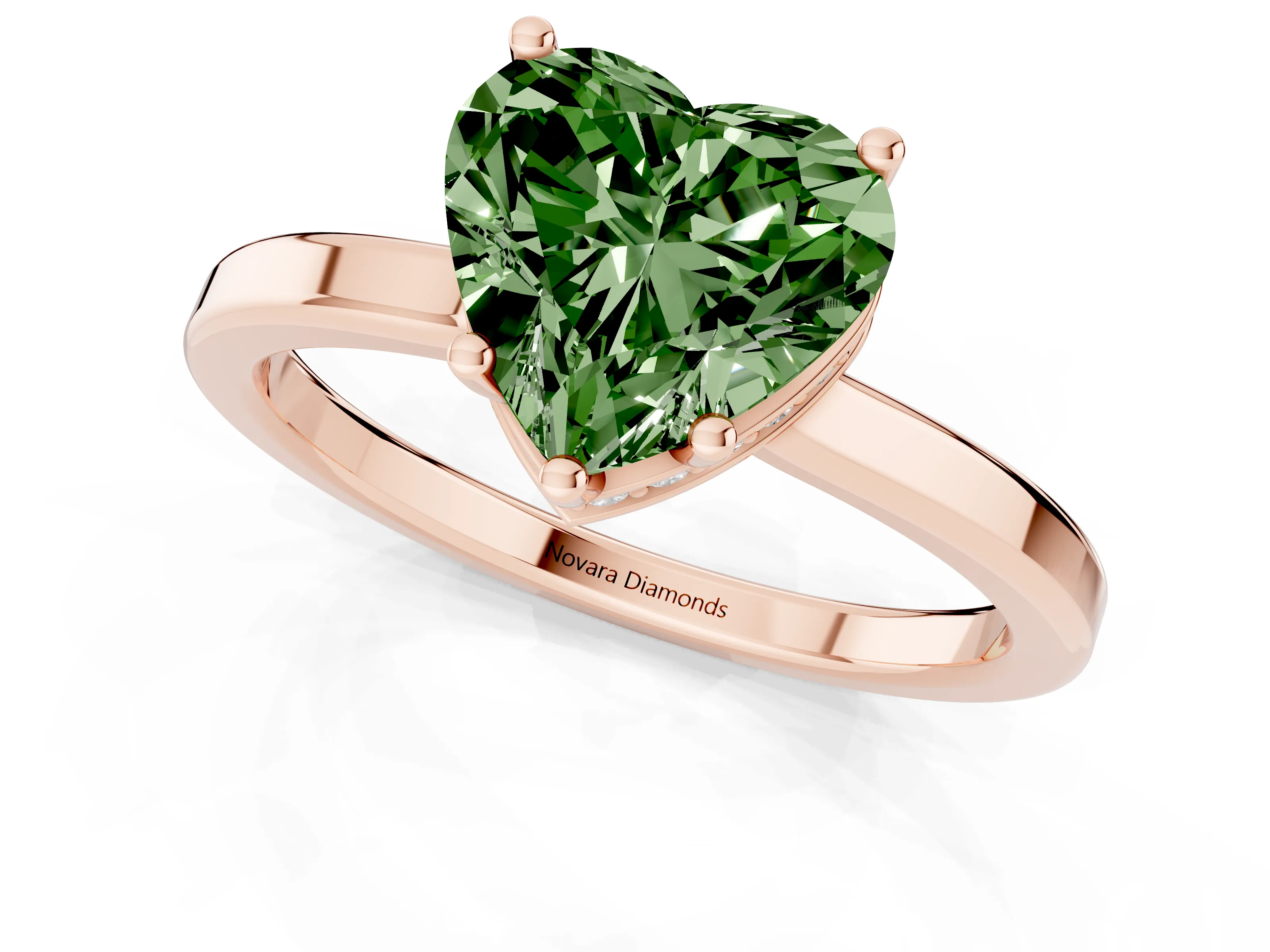 Fancy Green Heart Cut Diamond Solitaire Engagement Ring Set in Rose gold with Prong Setting on a Plain Band