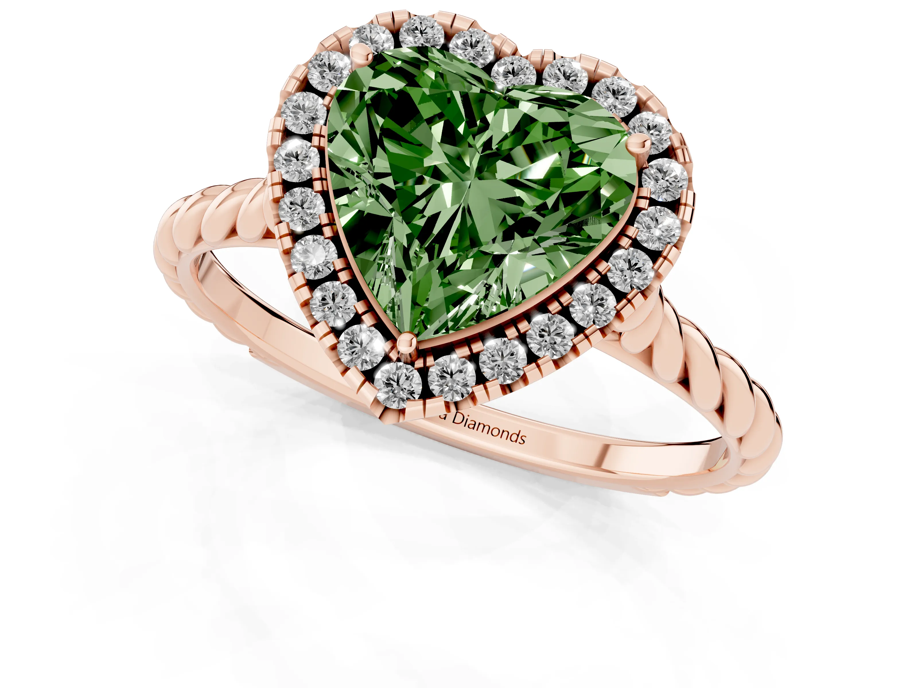 Fancy Green Heart Cut Diamond Halo Ring Set in Rose gold with Plain Twisted Band