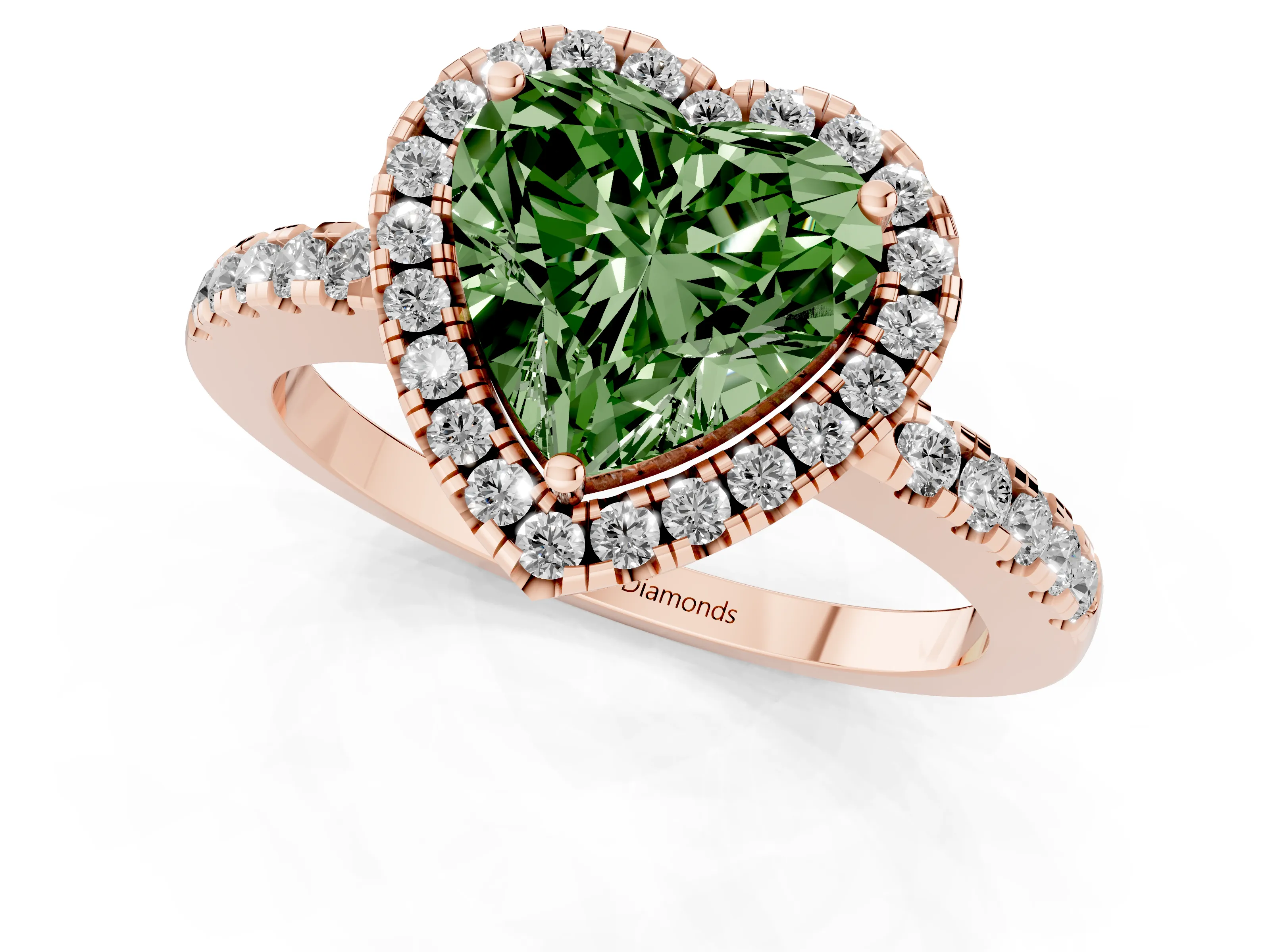Fancy Green Heart Cut Diamond Pavé Band Halo Engagement Ring Set in Rose gold with Prong Setting