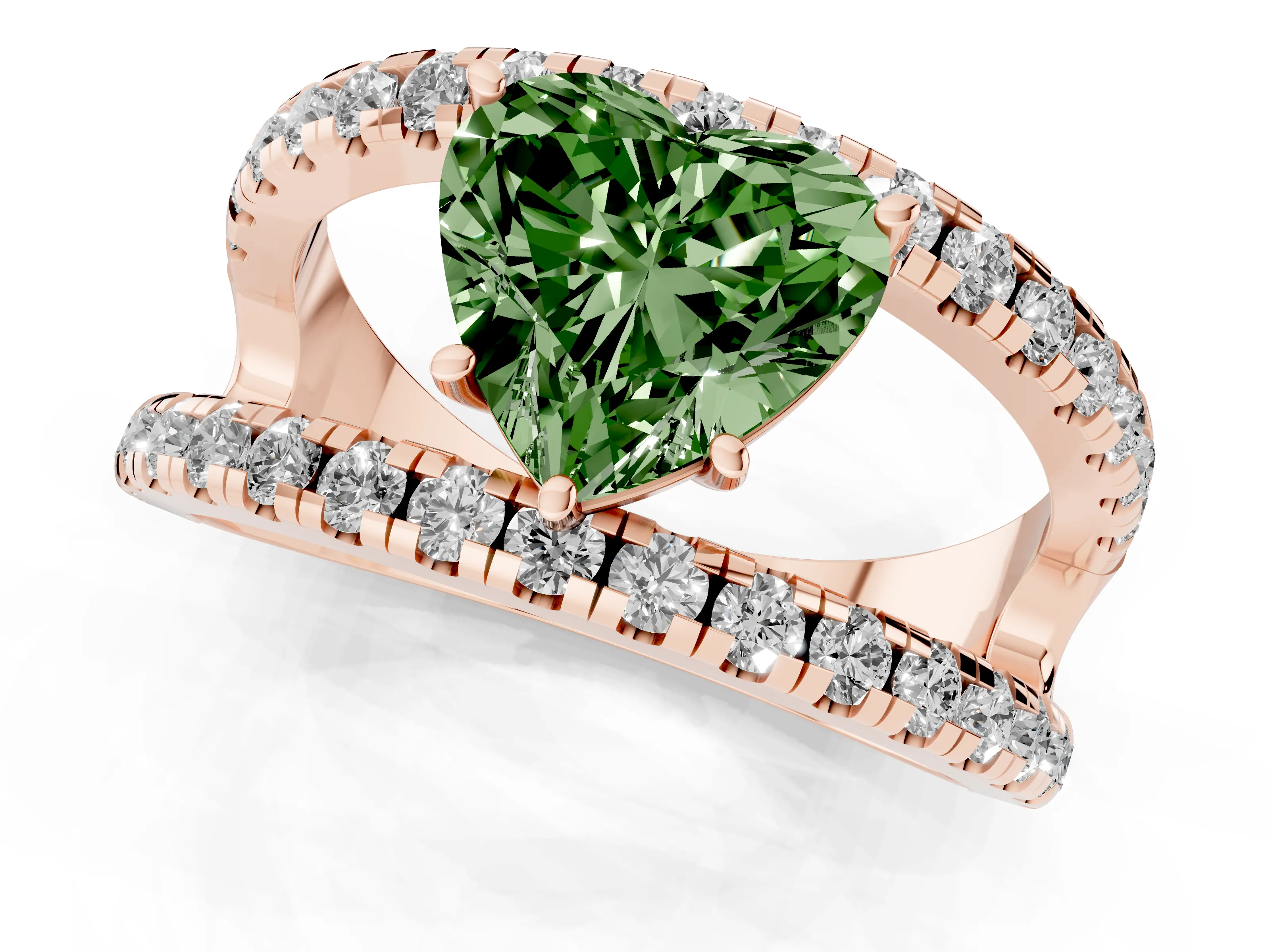 Fancy Green Heart Cut Diamond Split Shank Pavé Solitaire Ring Set in Rose gold with Open Shank Design