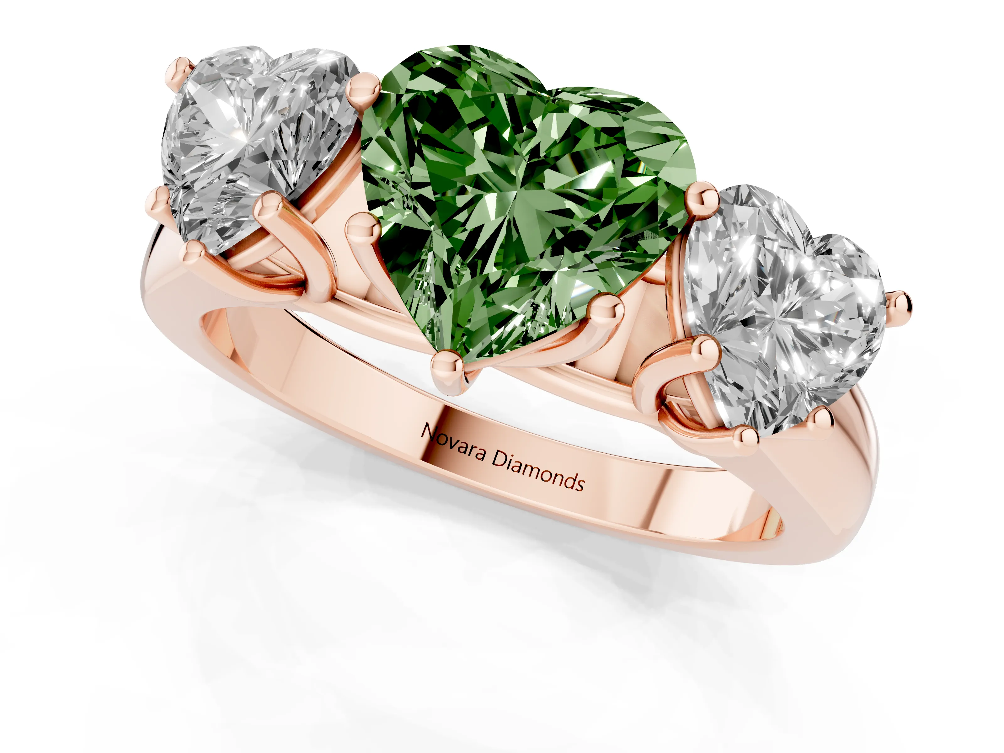 Fancy Green Heart Cut Diamond Three-Stone Ring Set in Rose gold with Plain Polished Band