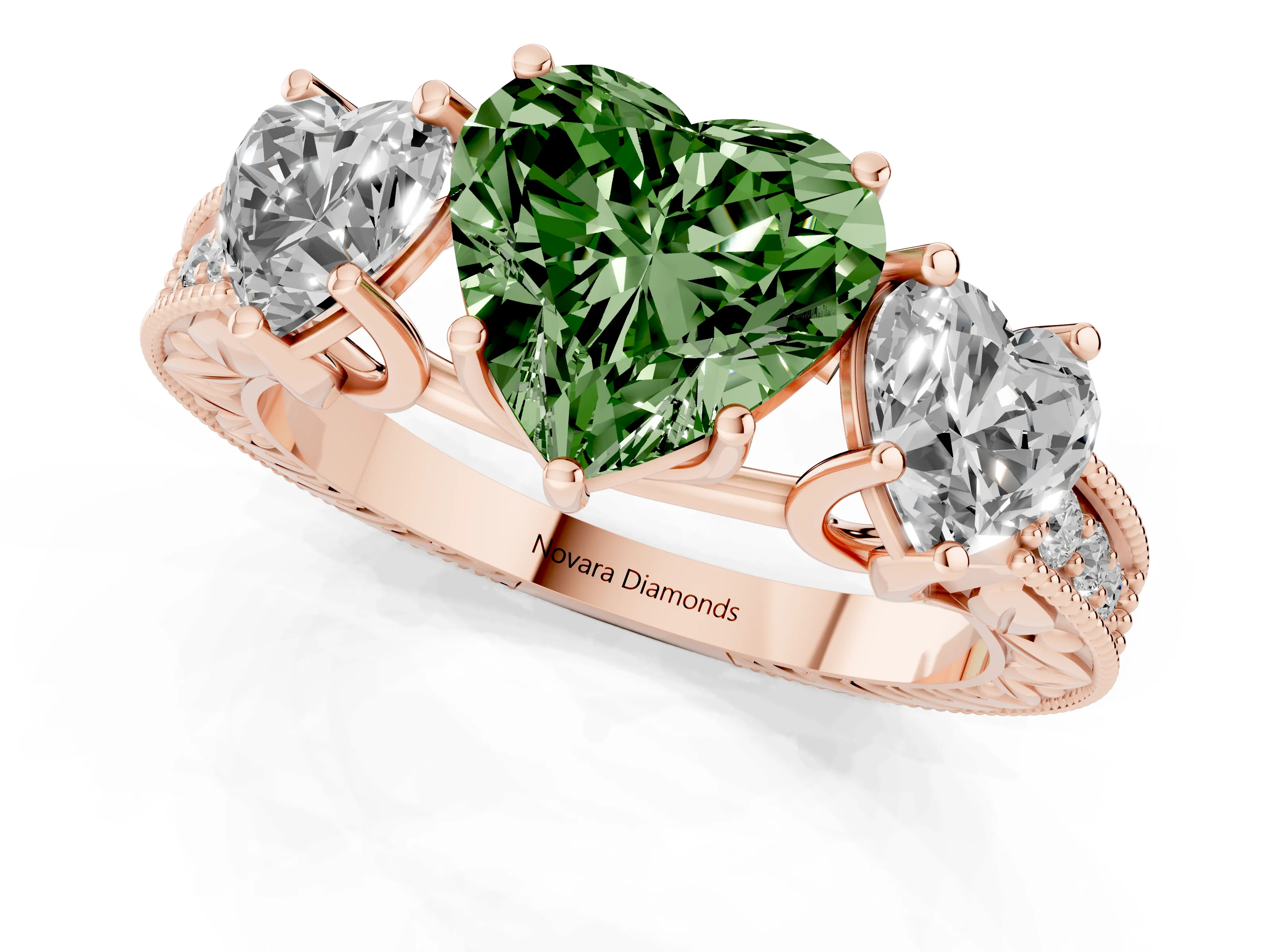 Fancy Green Heart Cut Diamond Three-Stone Engagement Ring Set in Rose gold with Milgrain Pavé Band