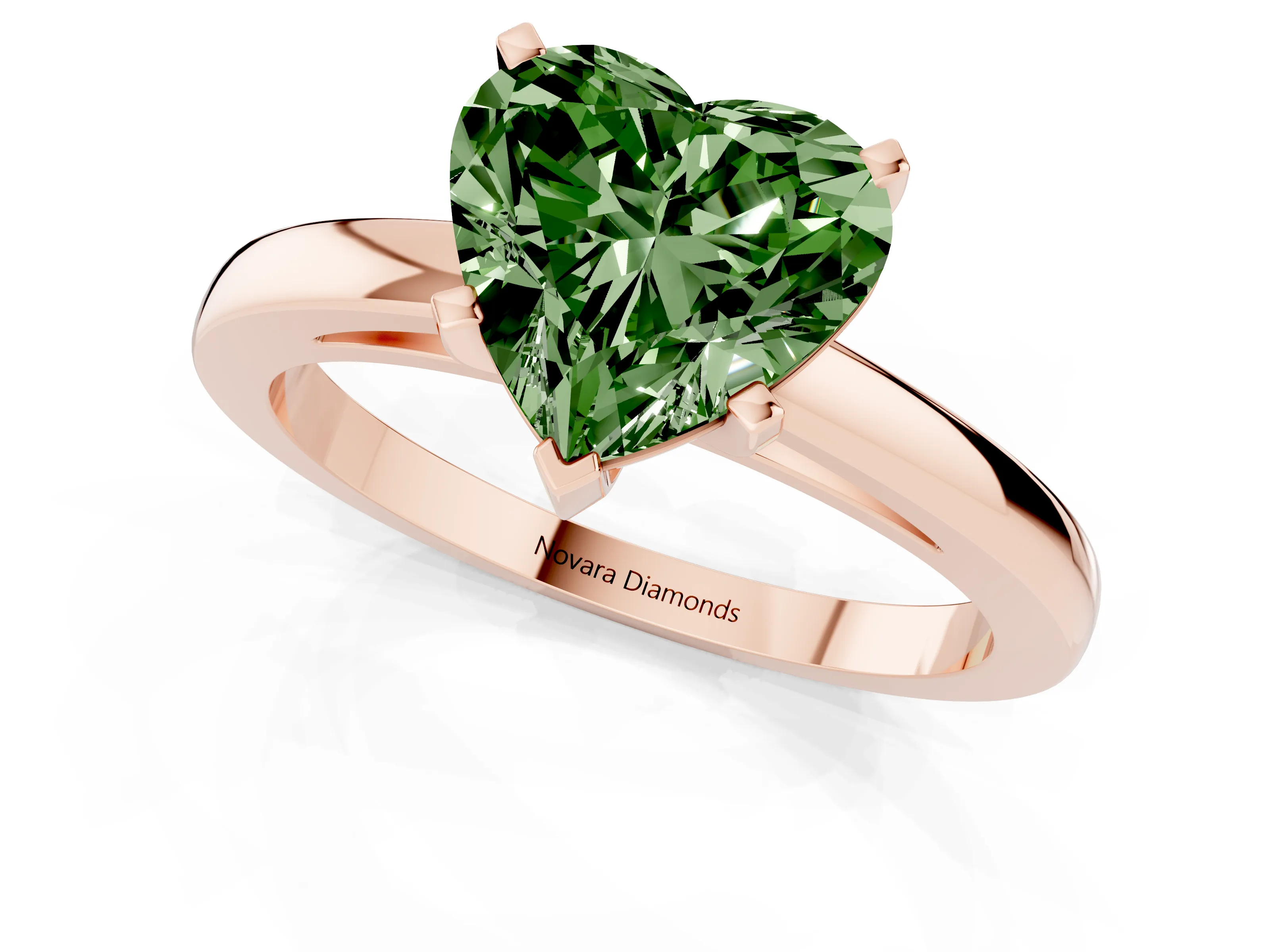 Fancy Green Heart Cut Diamond Solitaire Engagement Ring Set in Rose gold with Prong Setting on a Classic Band