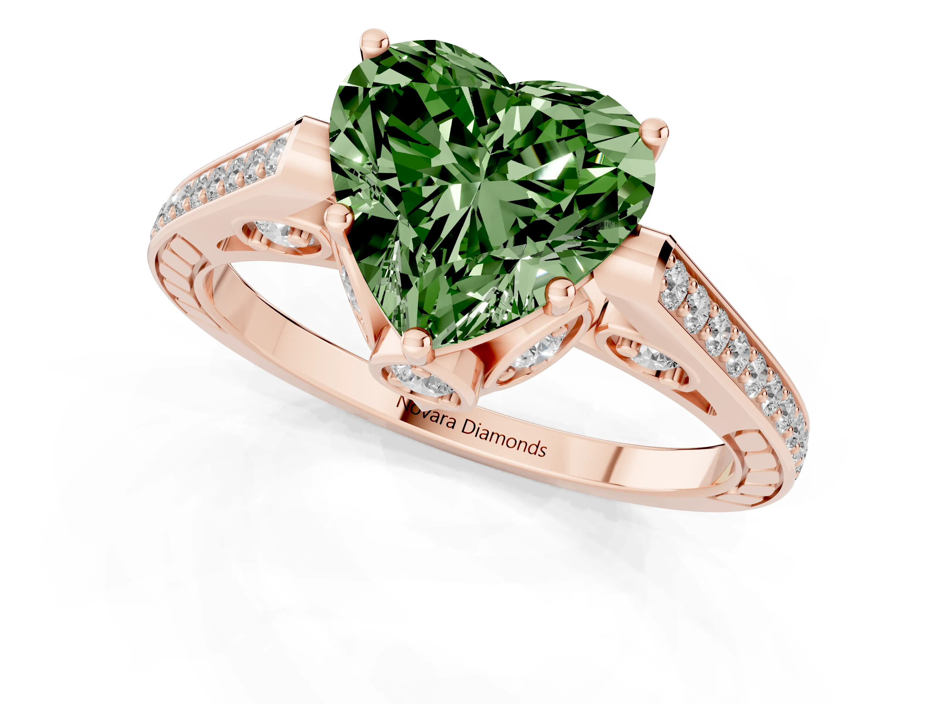 Fancy Green Heart Cut Diamond Cathedral Pavé Engagement Ring Set in Rose gold with Prong Setting