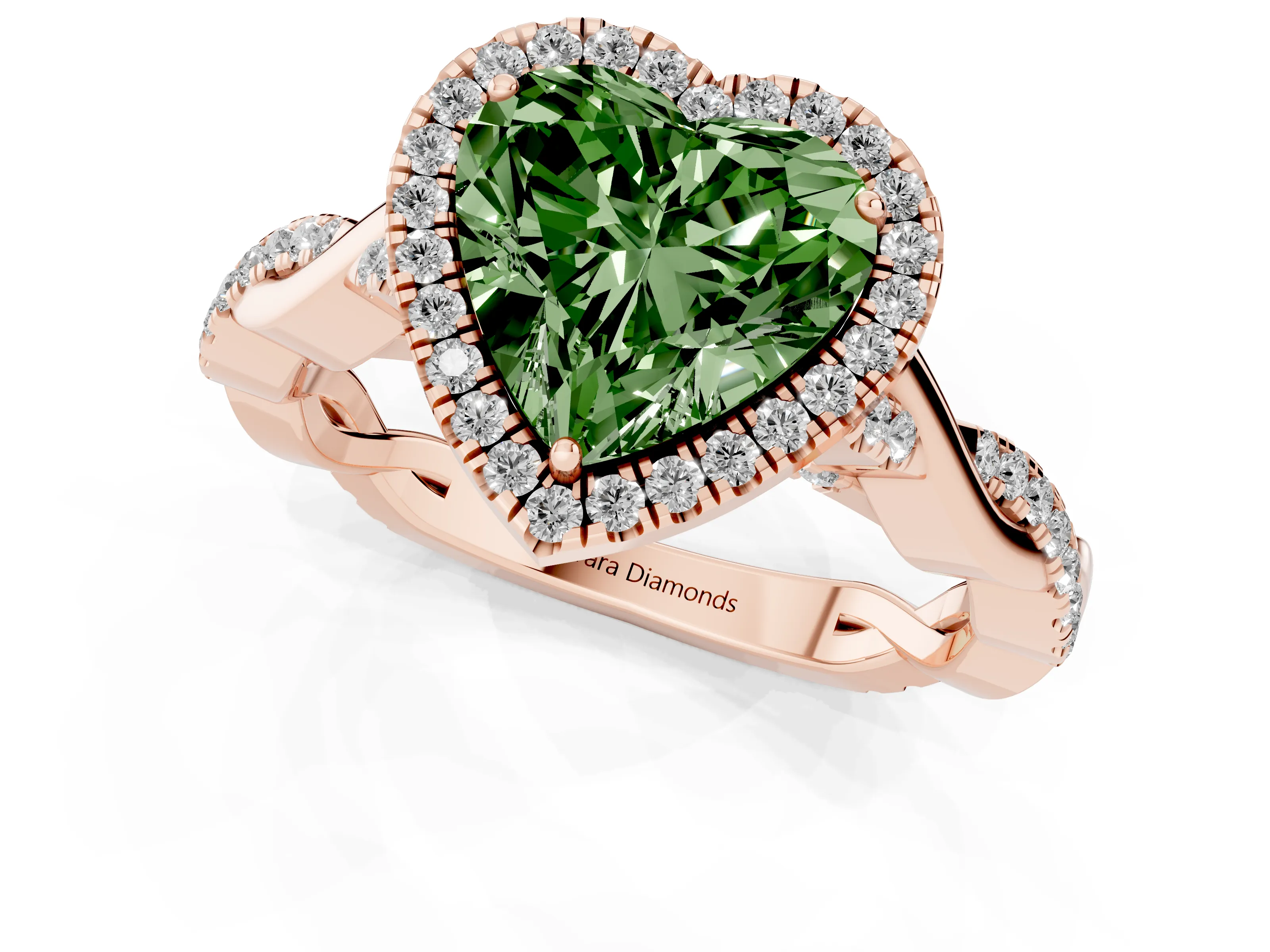 Fancy Green Heart Cut Diamond Halo Twist Band Solitaire Ring Set in Rose gold with Prong Setting