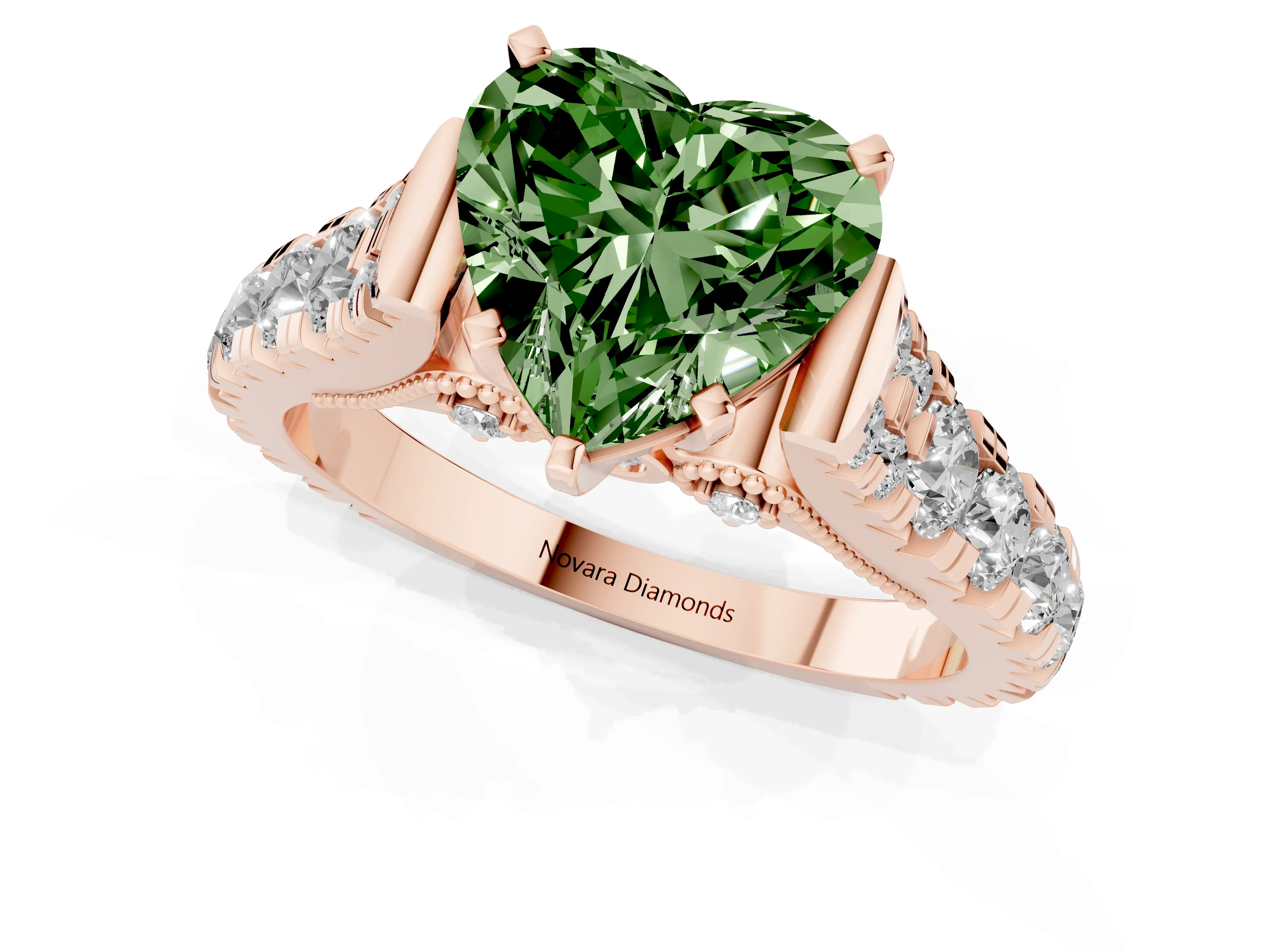 Fancy Green Heart Cut Diamond Classic Solitaire Ring Set in Rose gold with Pavé Band and Prong Setting
