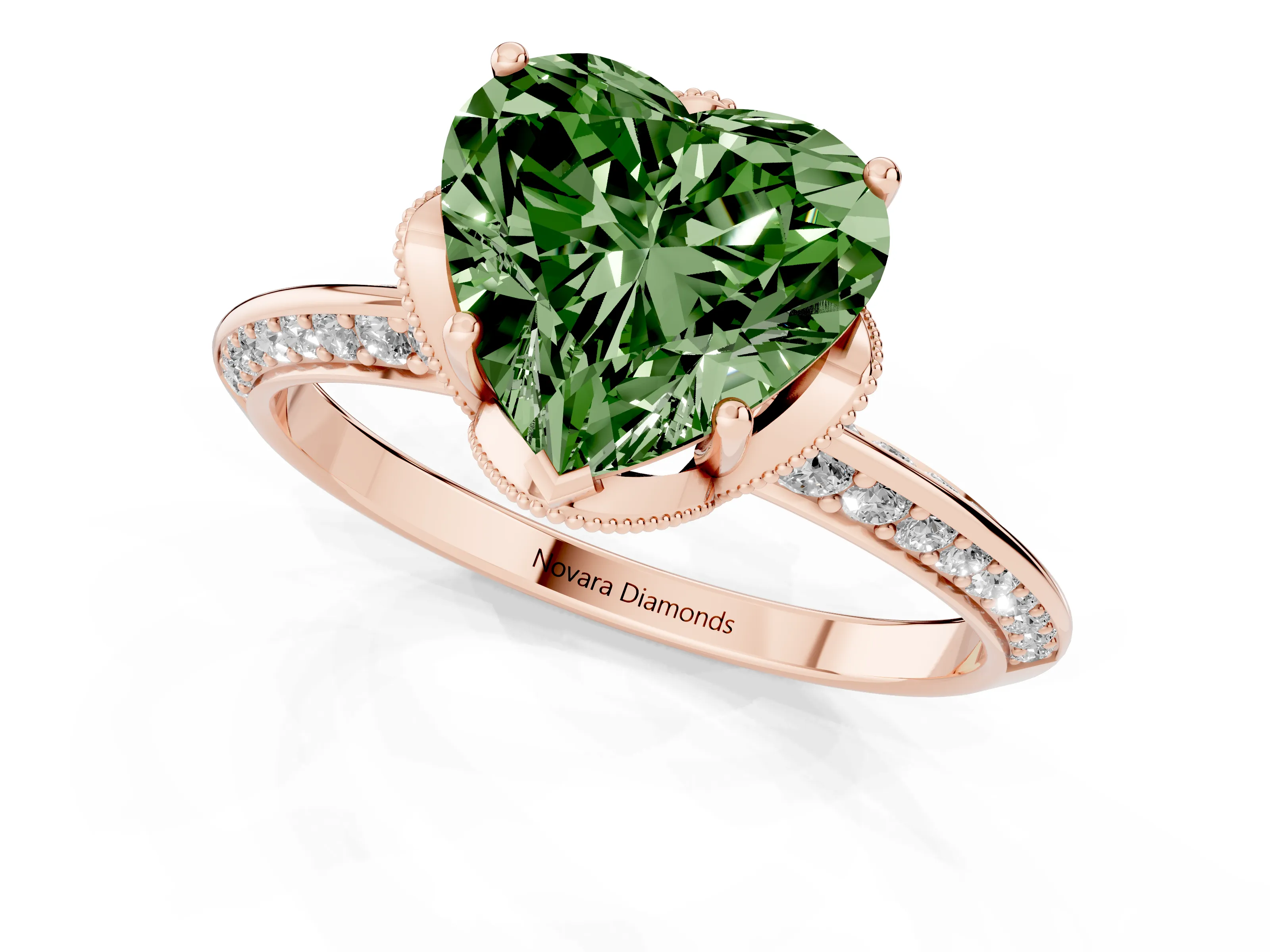 Fancy Green Heart Cut Diamond Solitaire Engagement Ring Set in Rose gold with Pavé Split Shank and Prong Setting