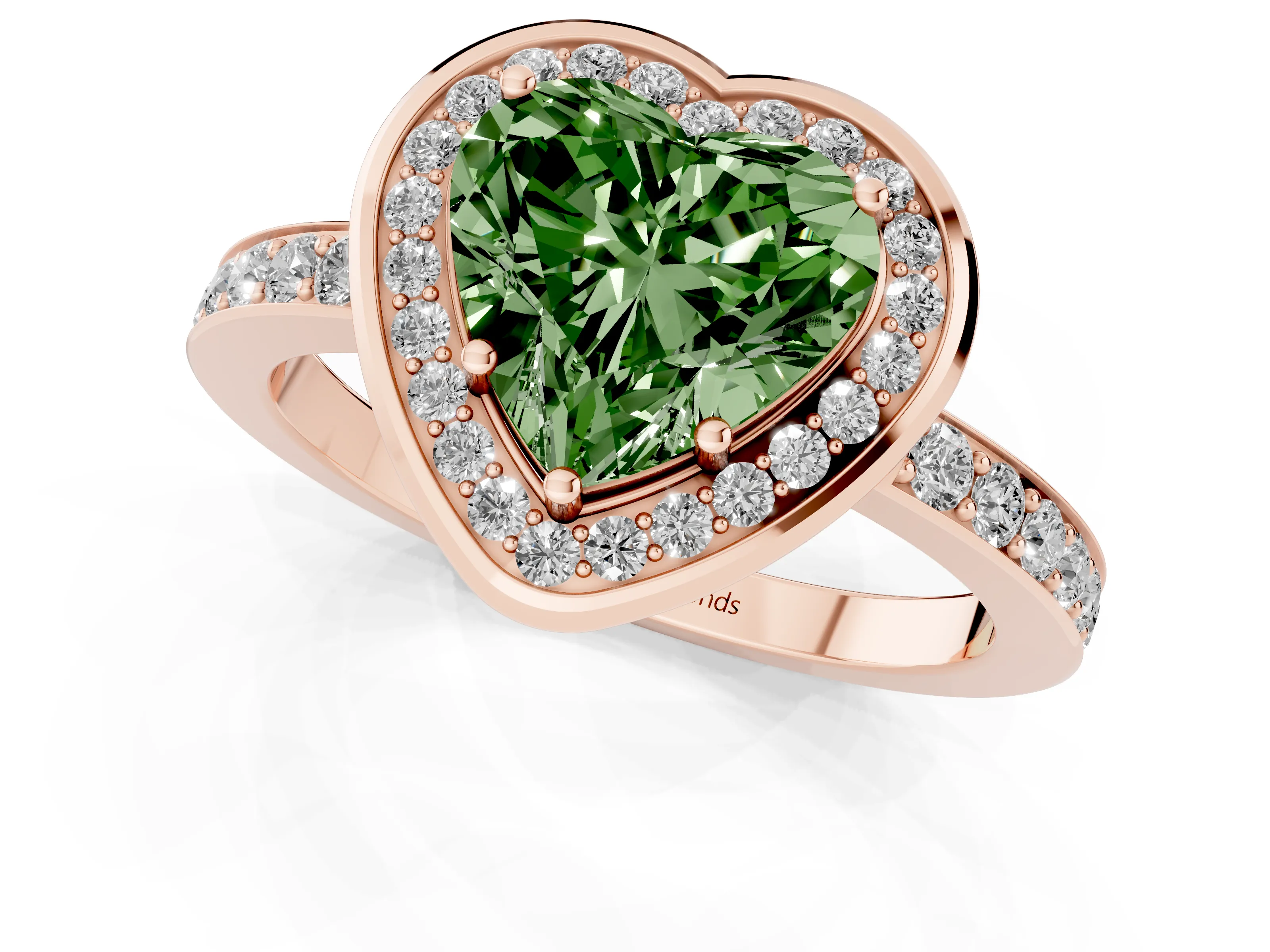 Fancy Green Heart Cut Diamond Halo Ring Set in Rose gold with Bezel Frame and Pavé Band