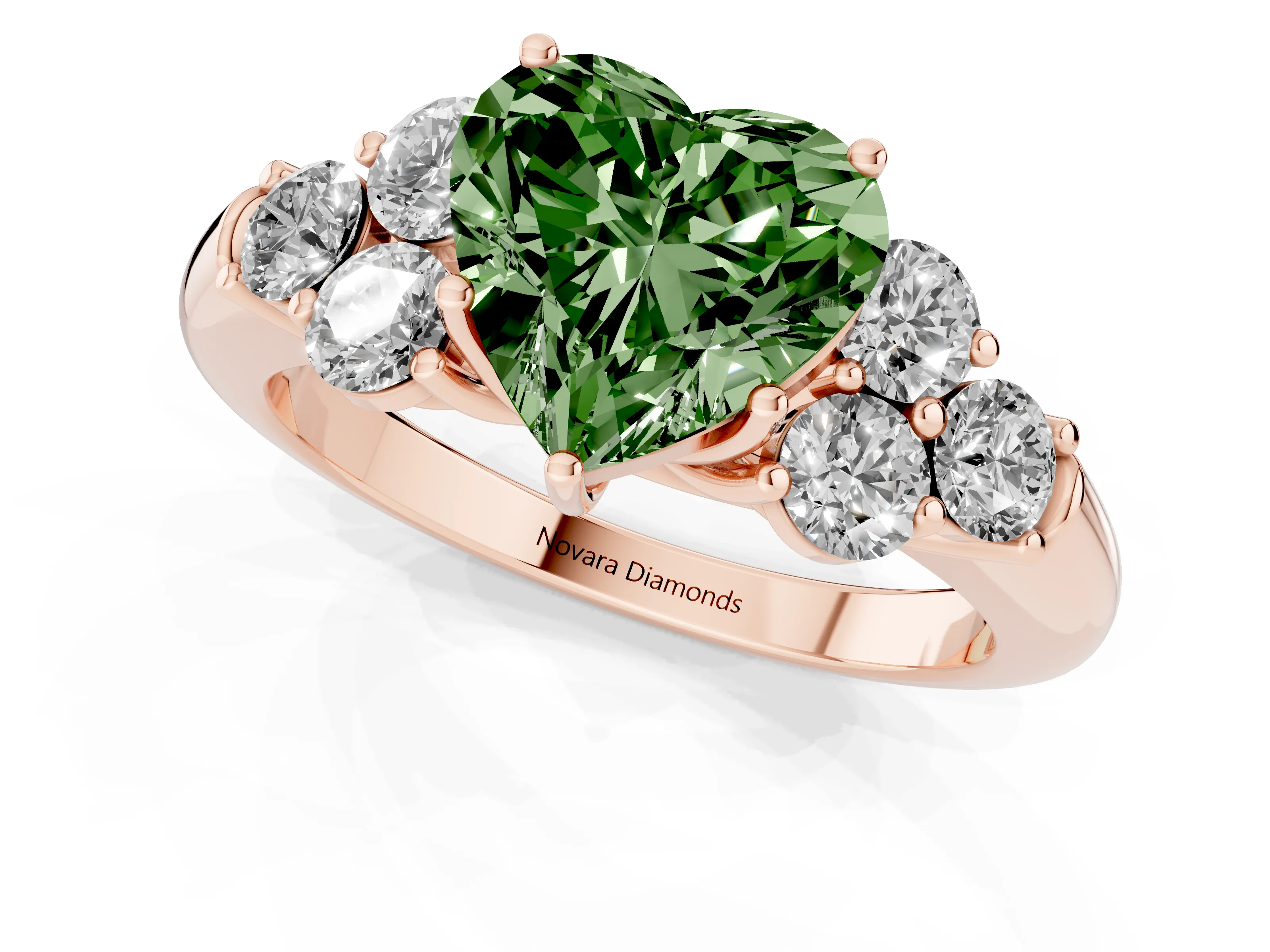 Fancy Green Heart Cut Diamond Cluster Ring Set in Rose gold with Round Accent Stones and Prong Setting on a Plain Band