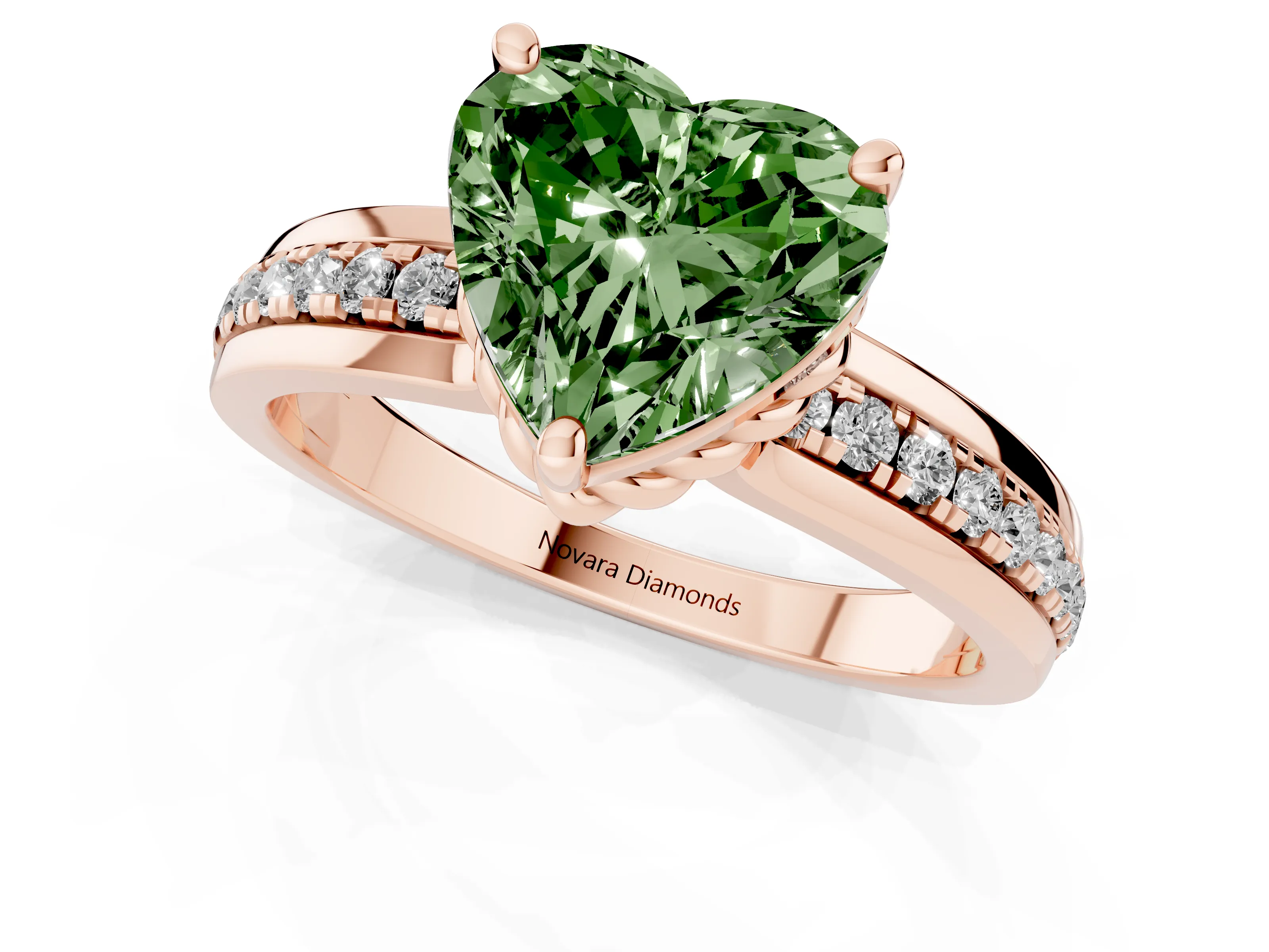 Fancy Green Heart Cut Diamond Solitaire Ring Set in Rose gold with Channel Set Band and Prong Setting