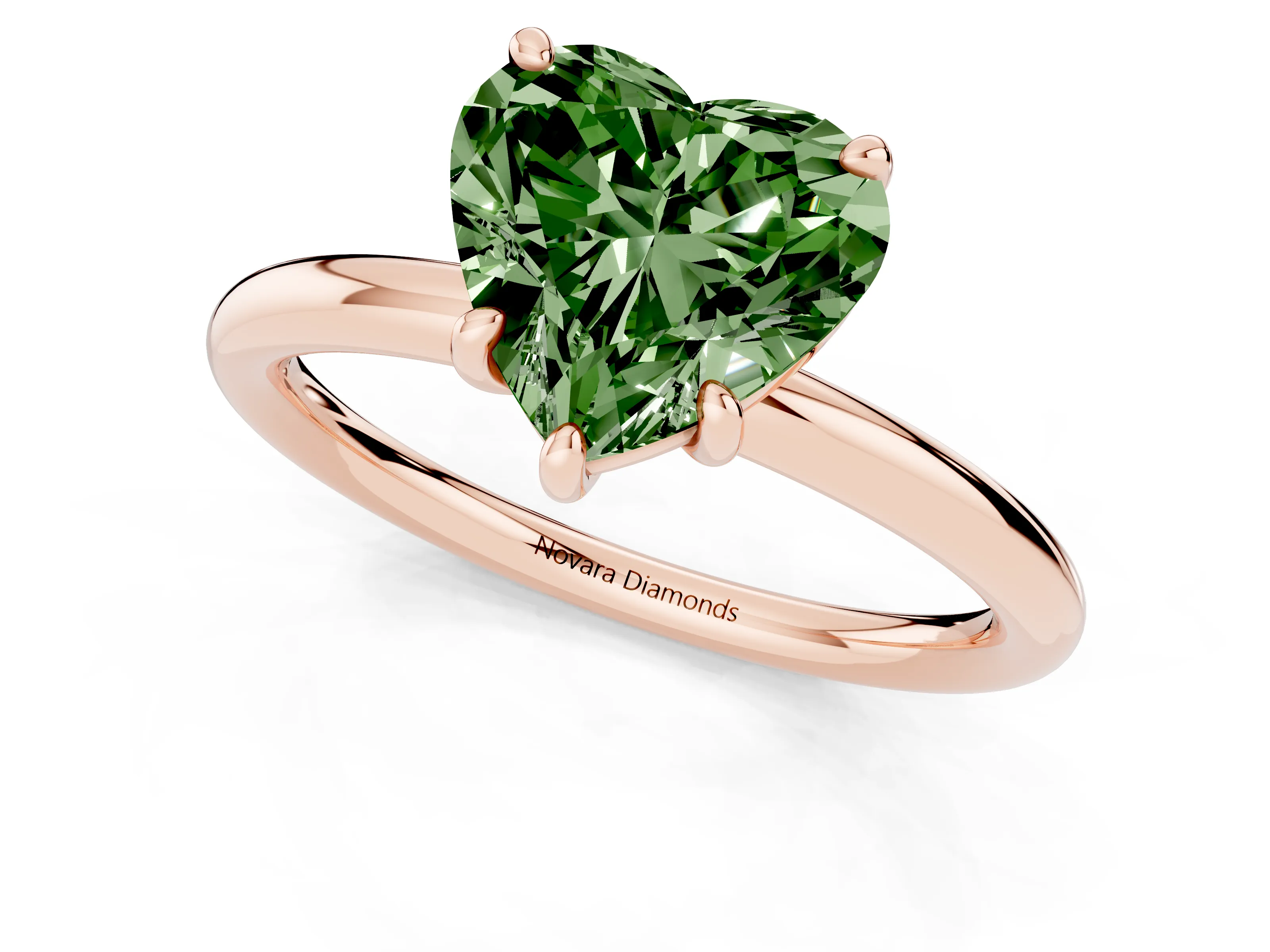 Fancy Green Heart Cut Diamond Solitaire Ring Set in Rose gold with Prong Setting on a Polished Plain Band