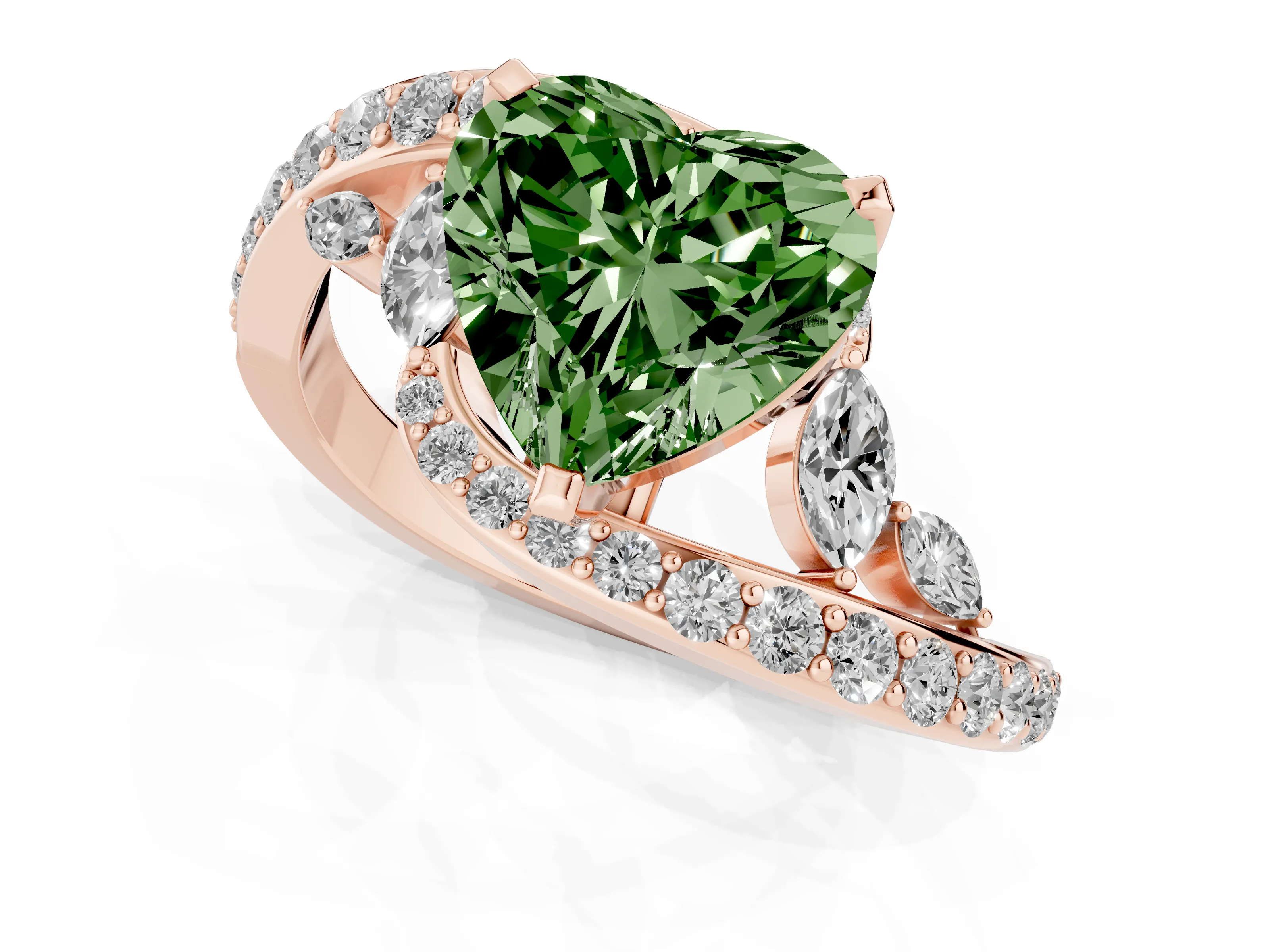 Fancy Green Heart Cut Diamond Solitaire Ring Set in Rose gold with Pavé Twist Band and Secure Prong Setting