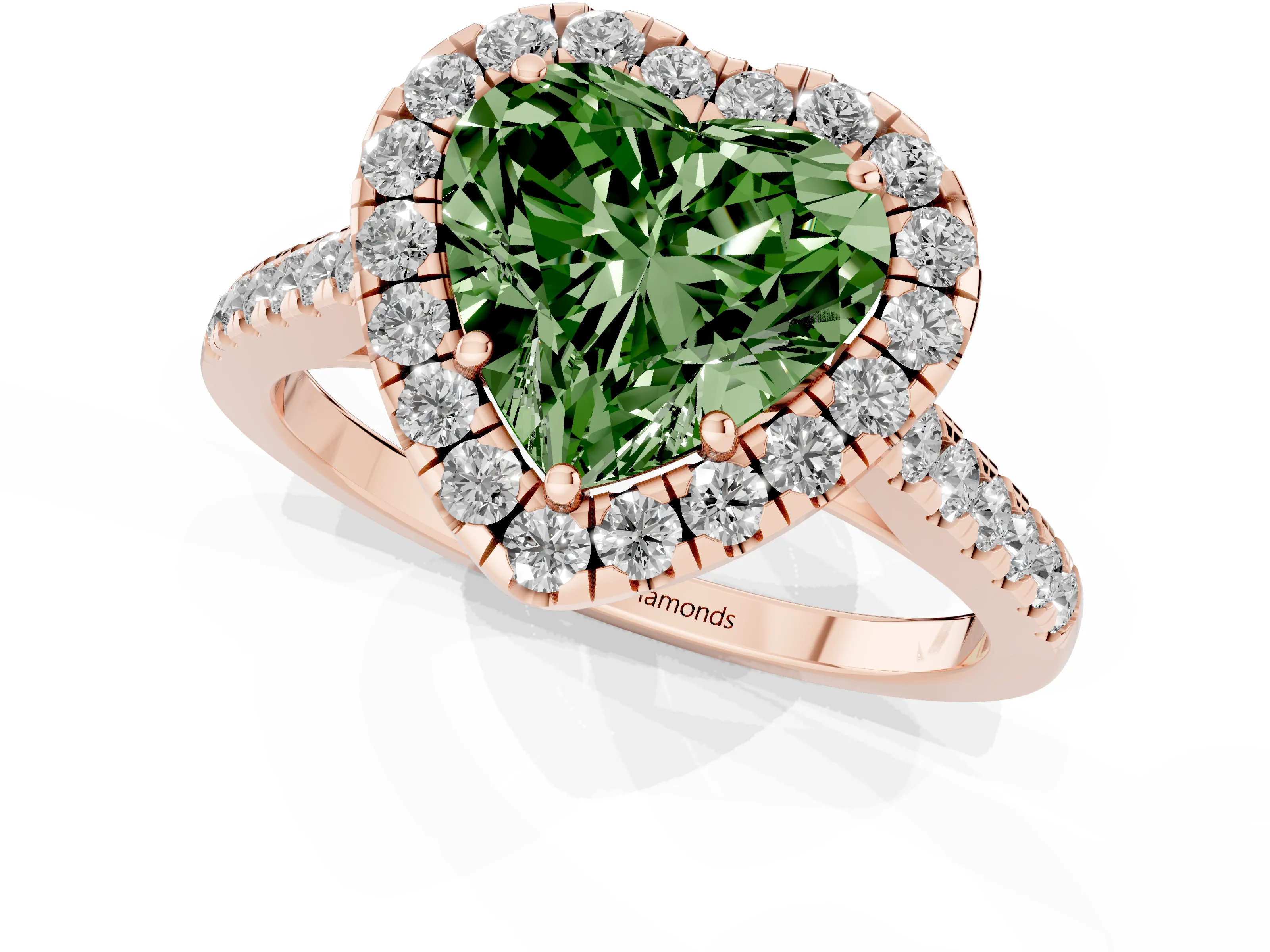 Fancy Green Heart Cut Diamond Halo Pavé Engagement Ring Set in Rose gold with Prong Setting