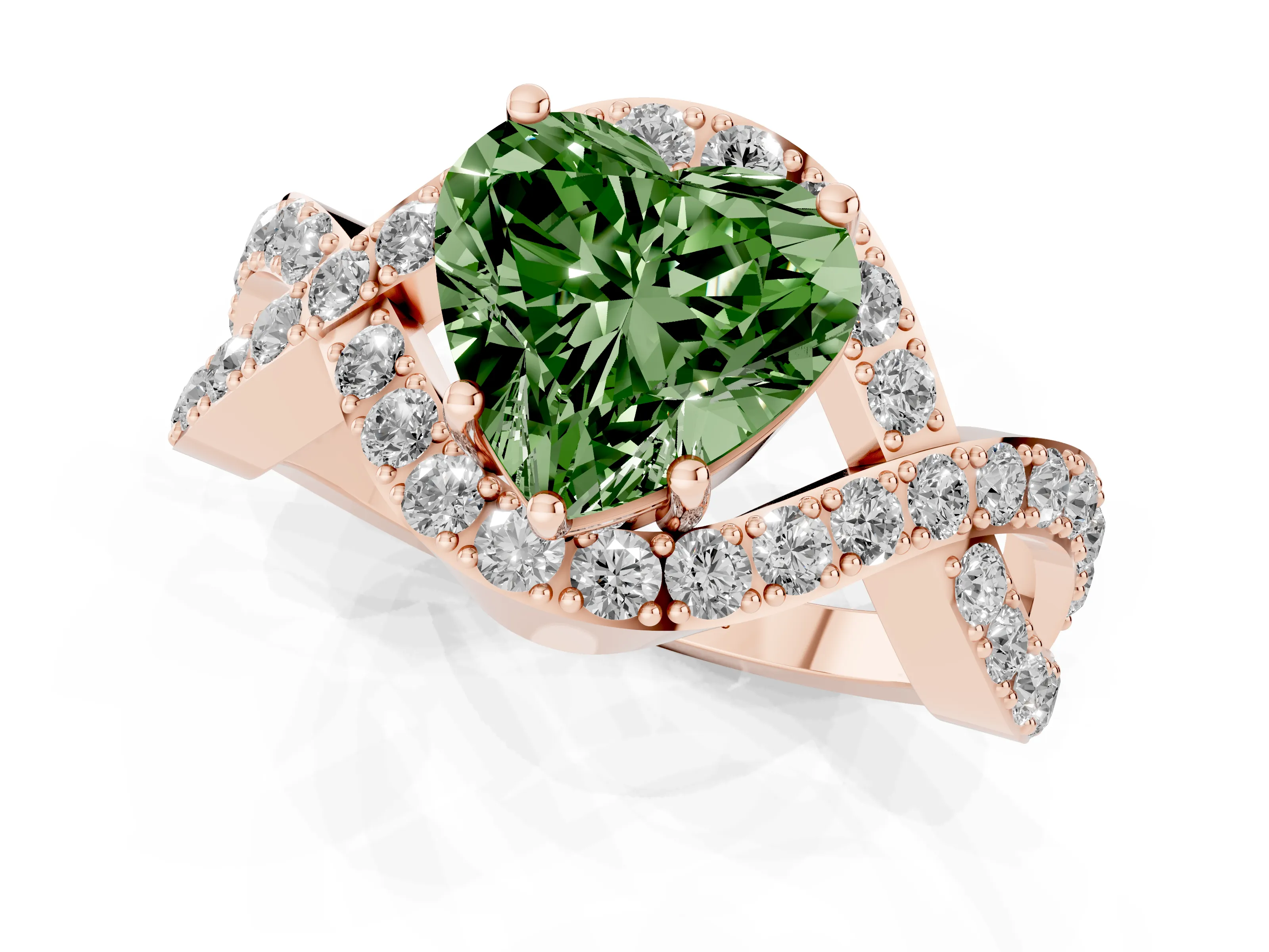 Fancy Green Heart Cut Diamond Solitaire Twist Band Pavé Engagement Ring Set in Rose gold