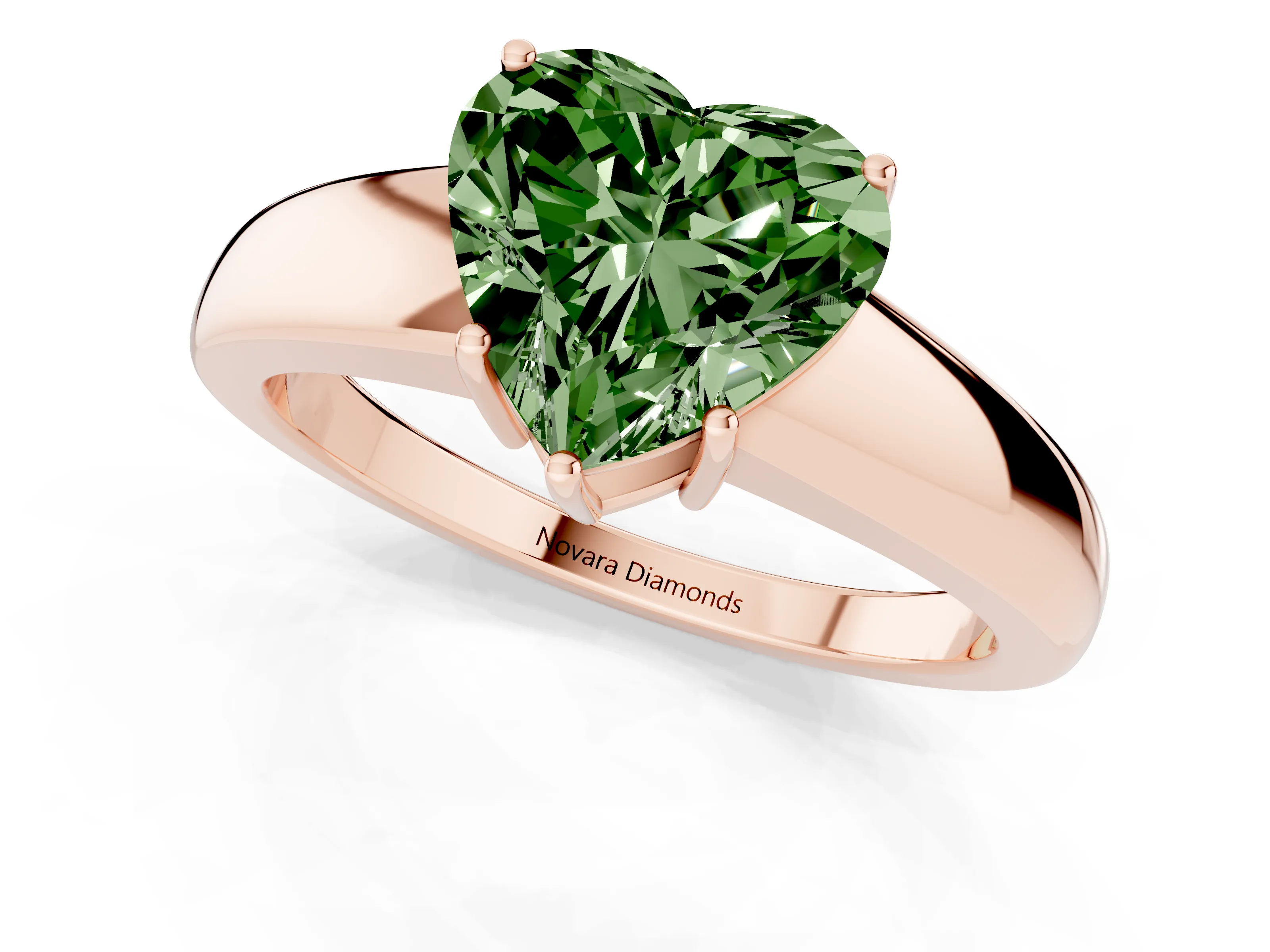 Fancy Green Heart Cut Diamond Solitaire Ring Set in Rose gold with Tapered Band and Prong Setting