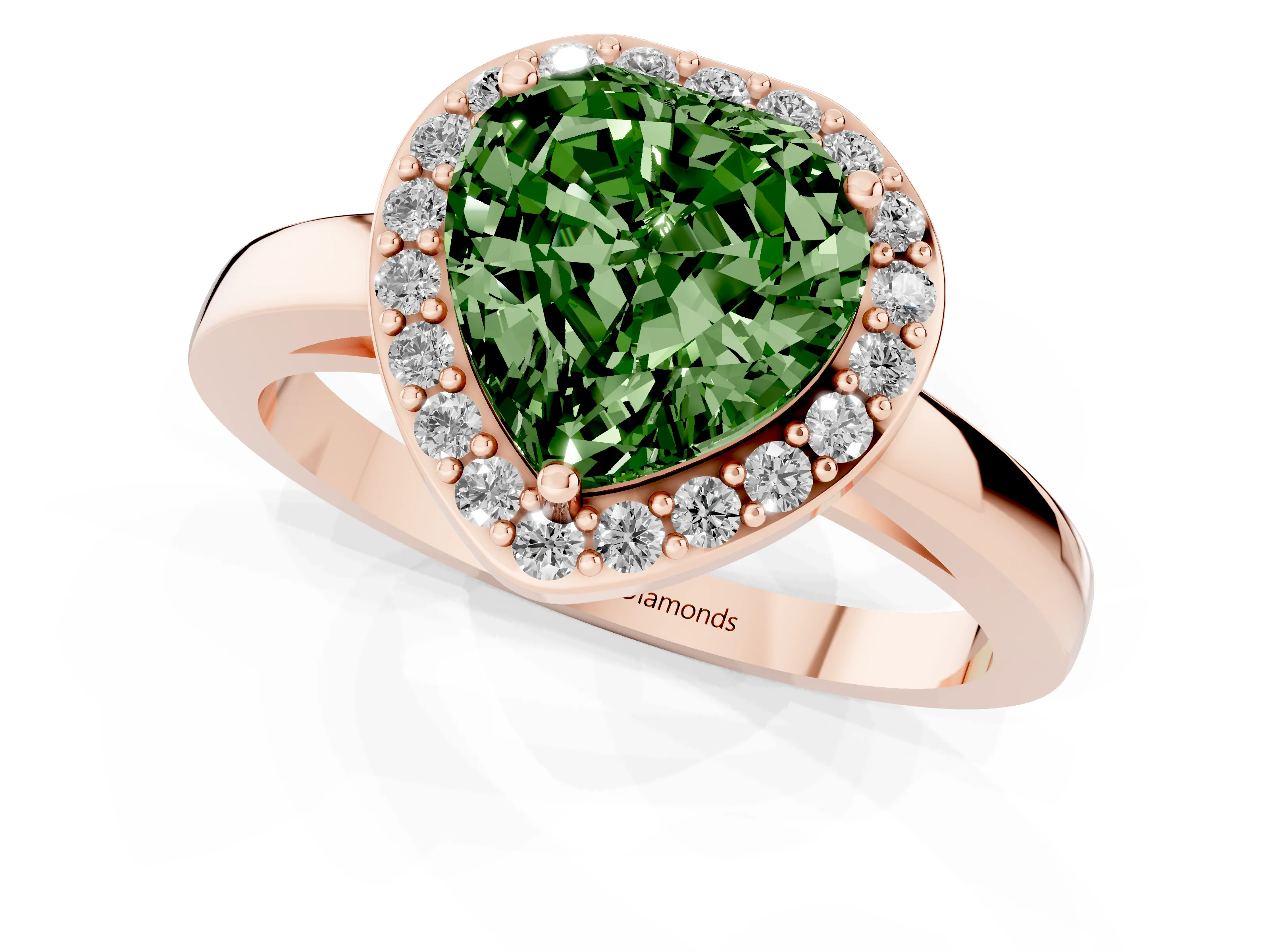 Fancy Green Heart Cut Diamond Halo Ring Set in Rose gold with Solitaire Band and Prong Setting