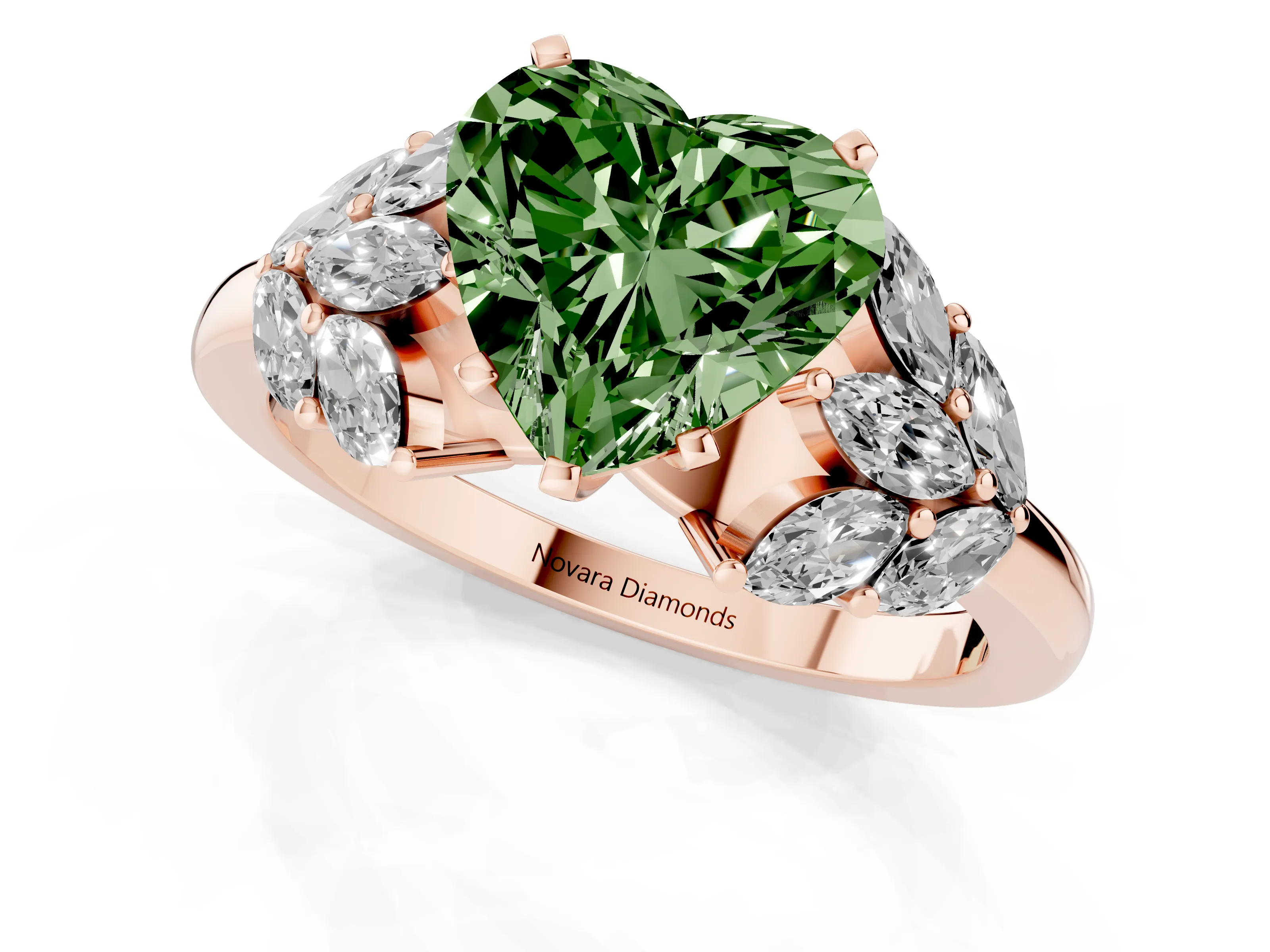 Fancy Green Heart Cut Diamond Cluster Leaf Design Ring Set in Rose gold with Prong Setting