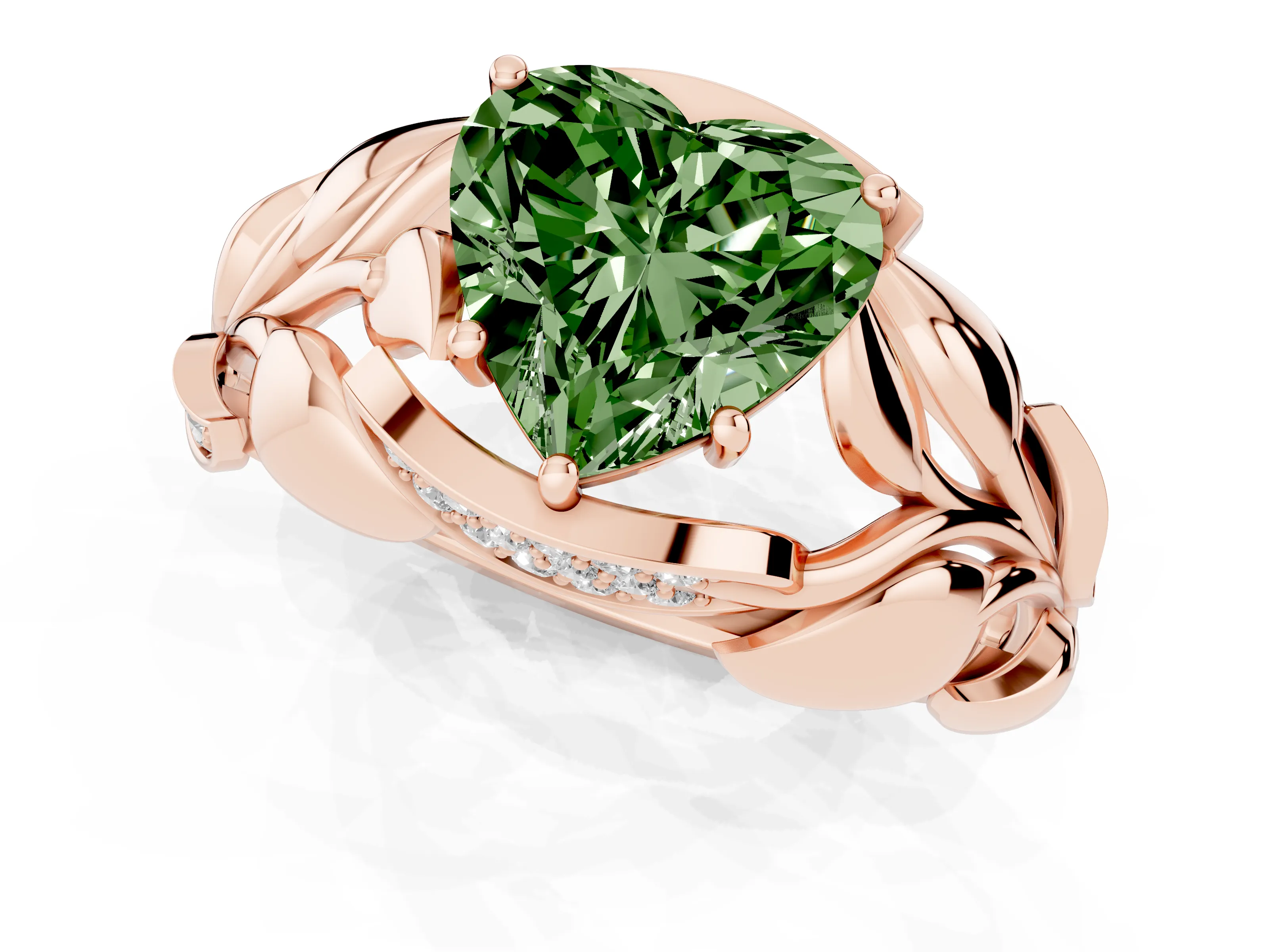 Fancy Green Heart Cut Diamond Leaf-Inspired Engagement Ring Set in Rose gold with Round Accents
