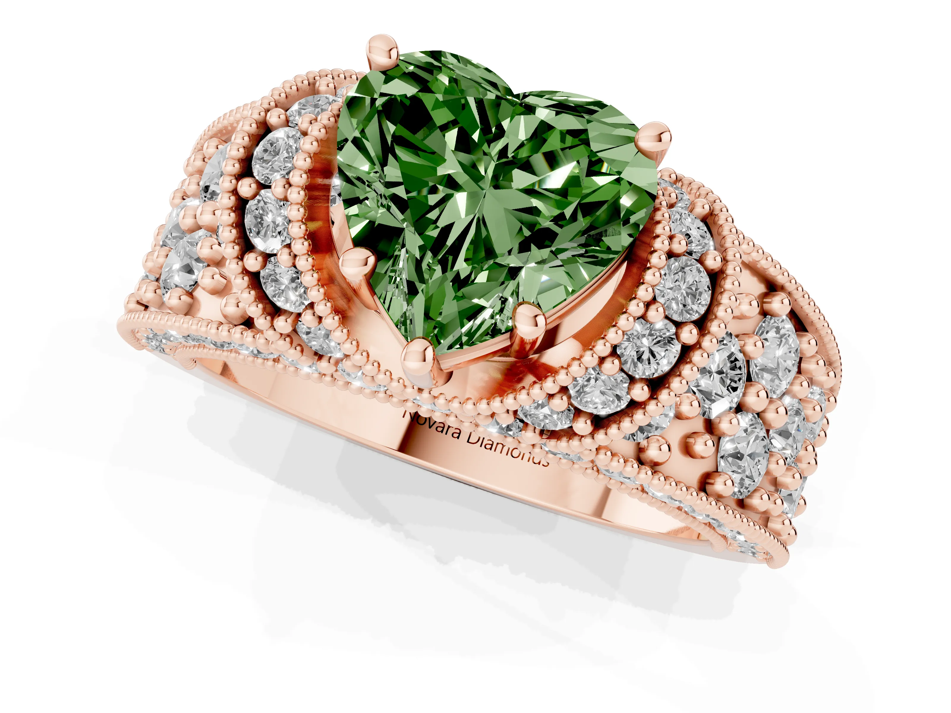 Fancy Green Heart Cut Diamond Milgrain Halo Pavé Engagement Ring Set in Rose gold with Prong Setting
