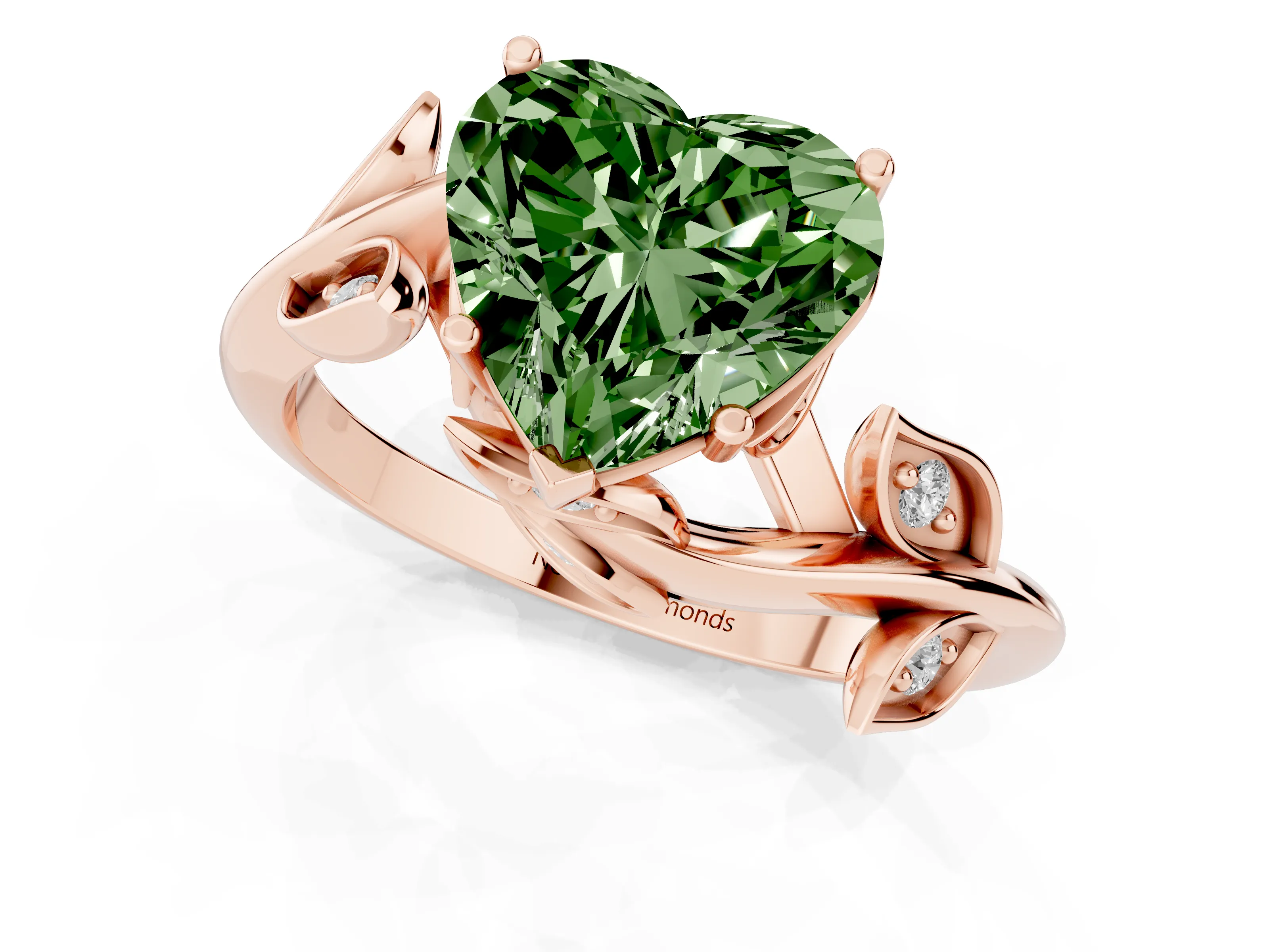 Fancy Green Heart Cut Diamond Solitaire Twist Engagement Ring Set in Rose gold with Pavé Leaf Accents