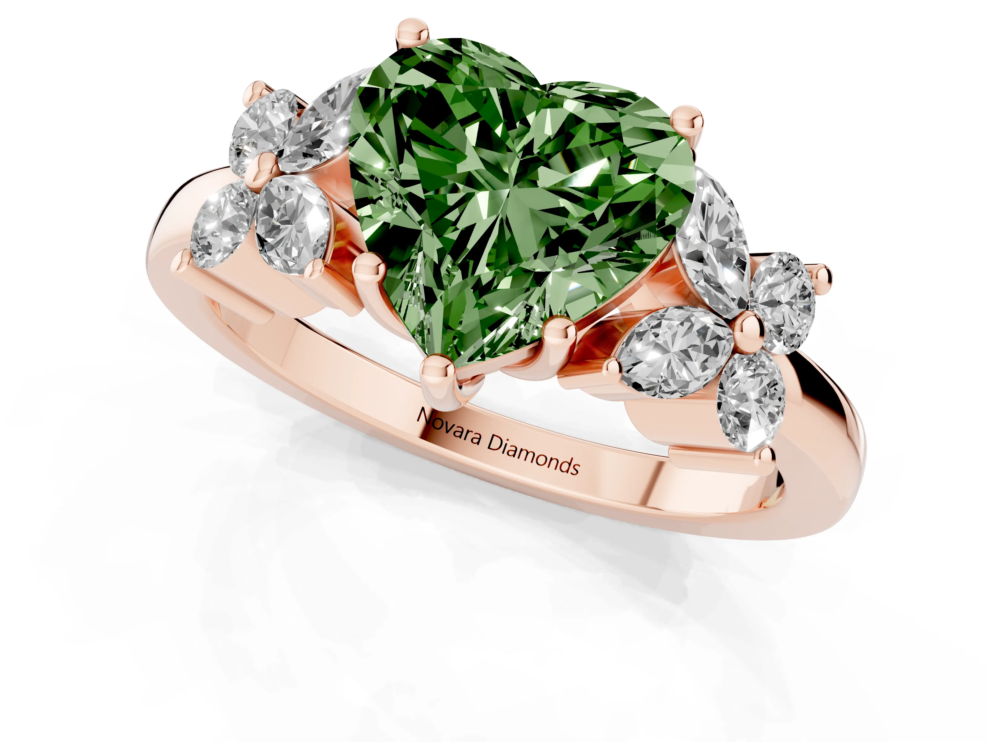 Fancy Green Heart Cut Diamond Floral Cluster Ring Set in Rose gold with Marquise Petals and Prong Setting