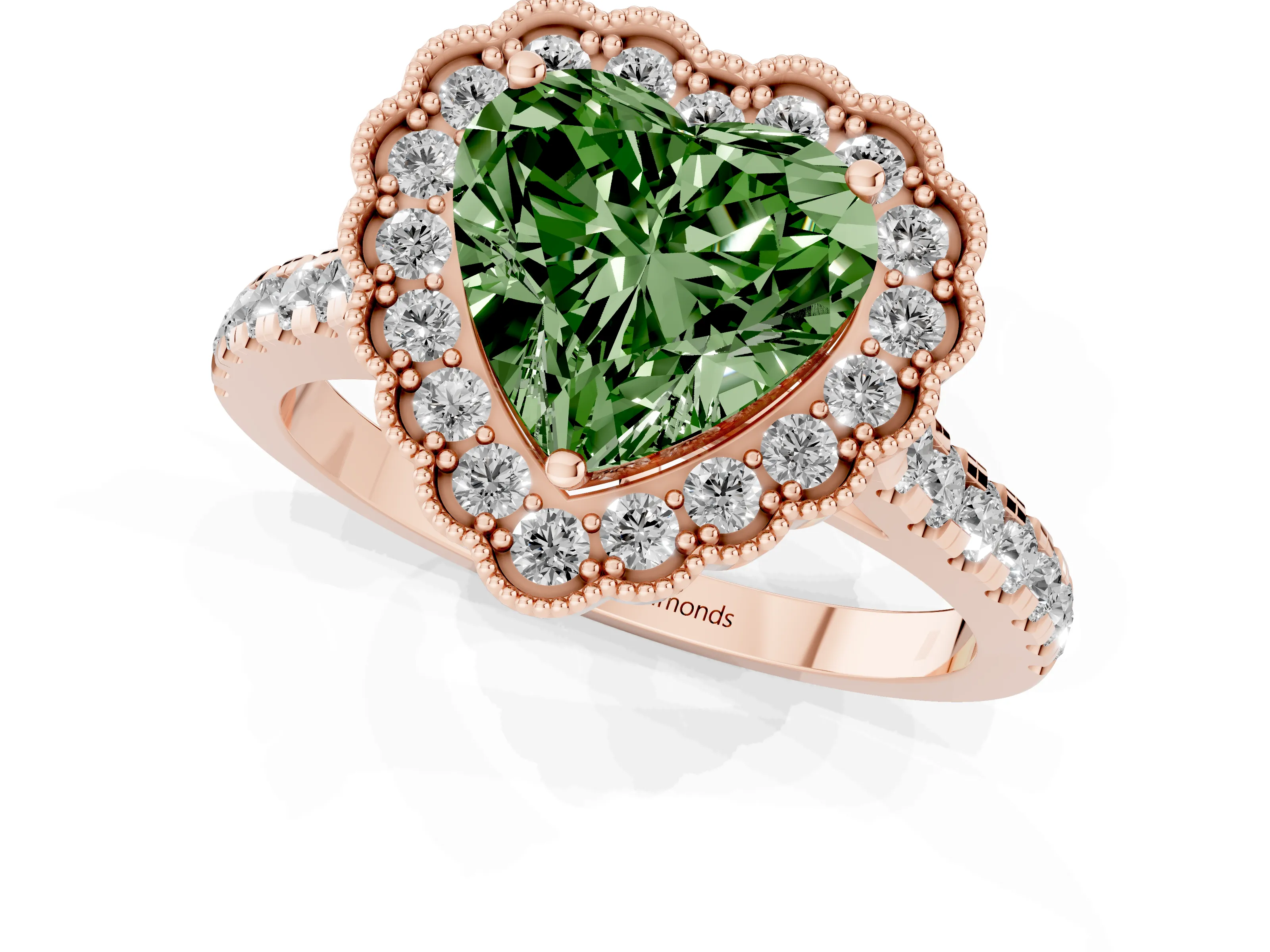 Fancy Green Heart Cut Diamond Milgrain Floral Halo Engagement Ring Set in Rose gold with Pavé Band