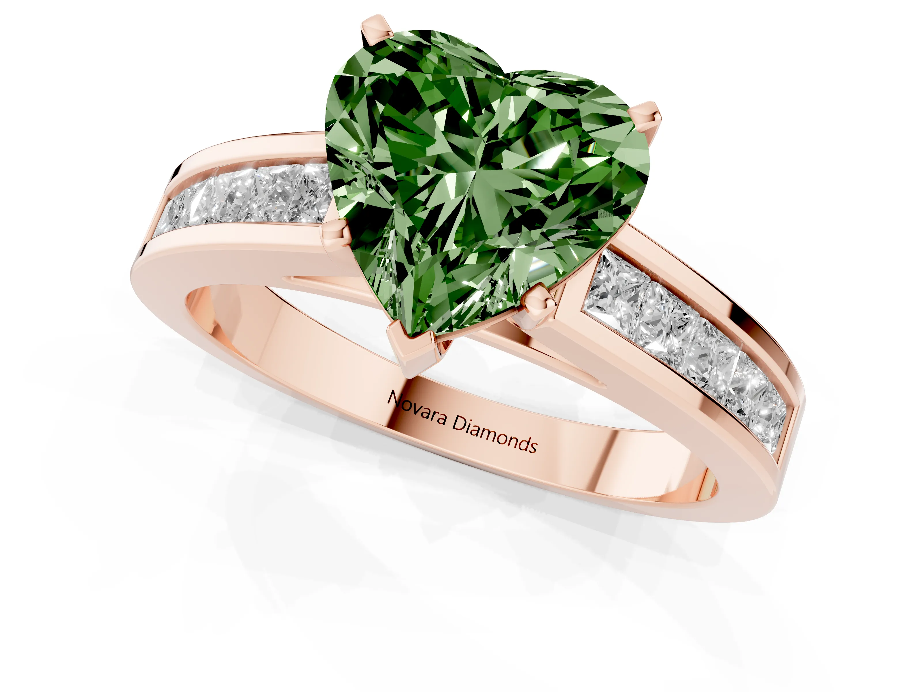Fancy Green Heart Cut Diamond Solitaire Ring Set in Rose gold with Channel-Set Band and Prong Setting