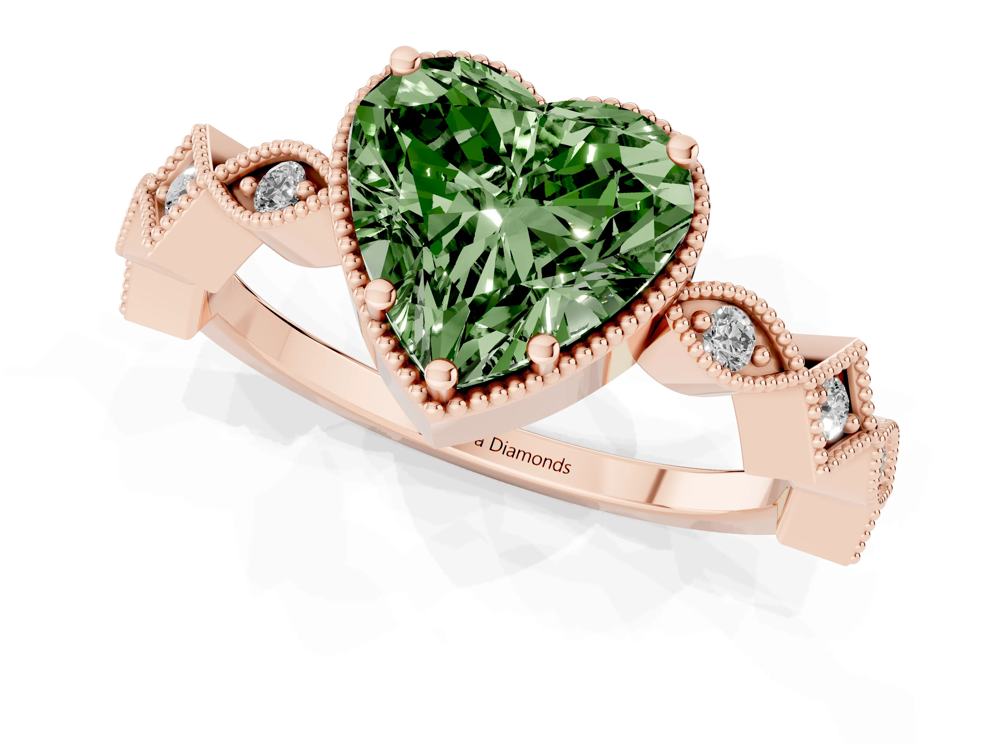 Fancy Green Heart Cut Diamond Milgrain Marquise Twist Band Ring Set in Rose gold with Prong Setting