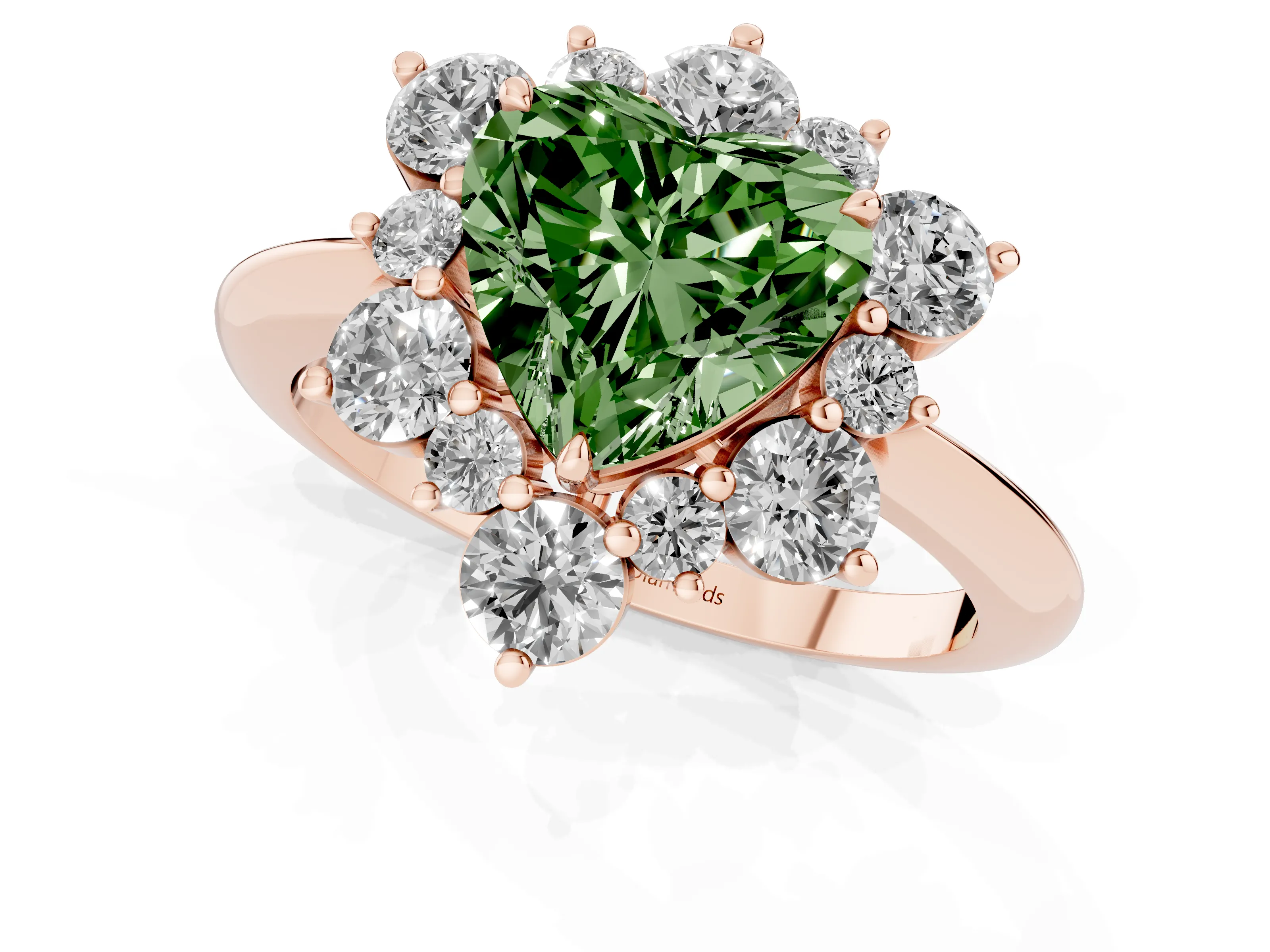 Fancy Green Heart Cut Diamond Cluster Halo Ring Set in Rose gold with Solitaire Band and Prong Setting